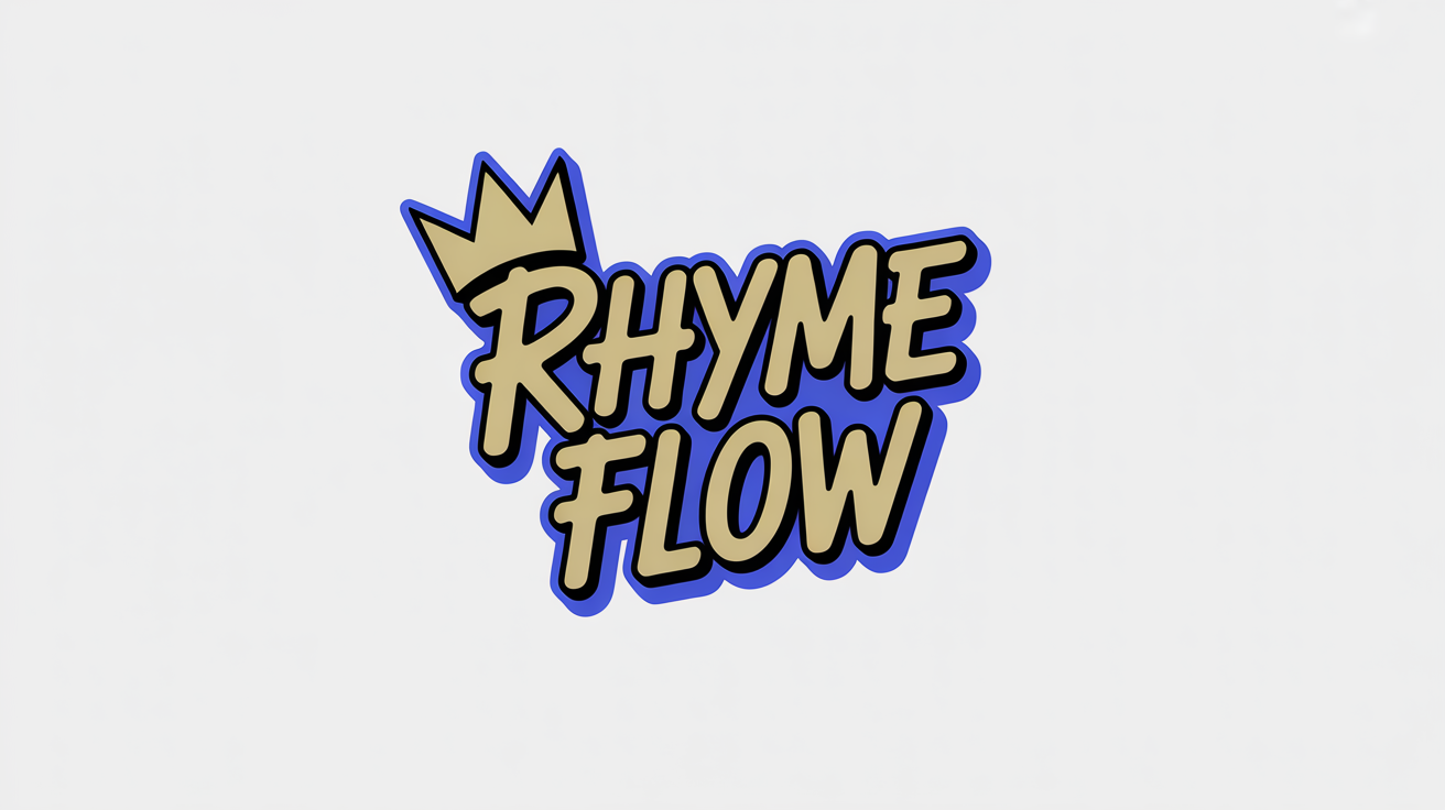 A modern hip hop logo mockup for an artist named 'RHYME FLOW'. The text is in a 3D graffiti style, colored metallic gold with a blue outline, and features a small crown on the 'R', all on a clean white background.