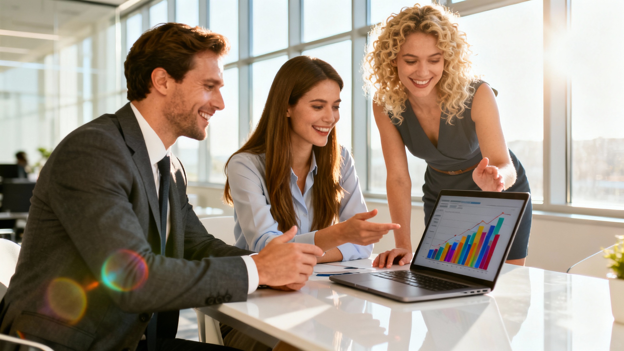 A polished commercial photograph showing three diverse professionals in a bright, modern office collaborating enthusiastically around a laptop.