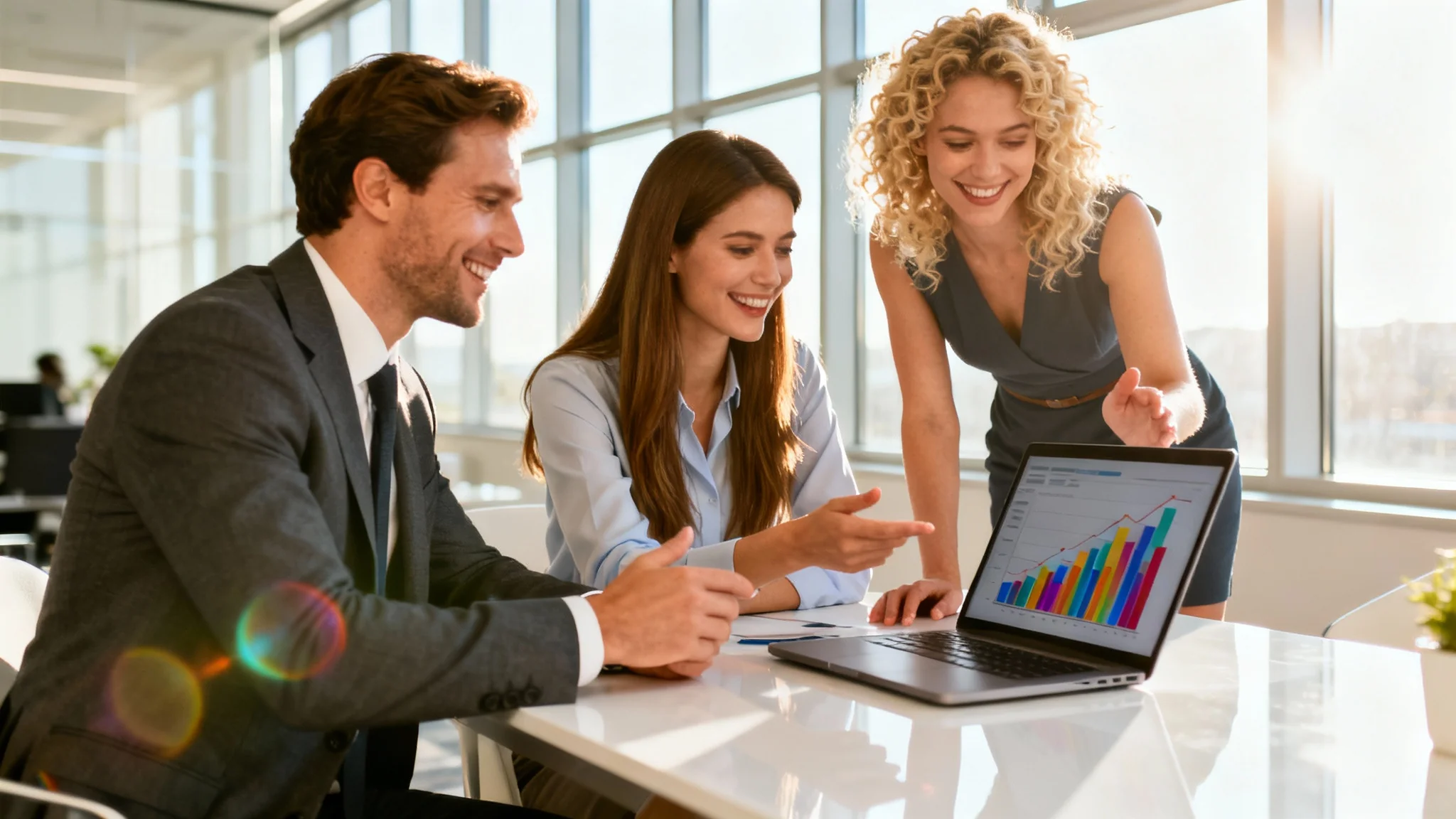 A polished commercial photograph showing three diverse professionals in a bright, modern office collaborating enthusiastically around a laptop.