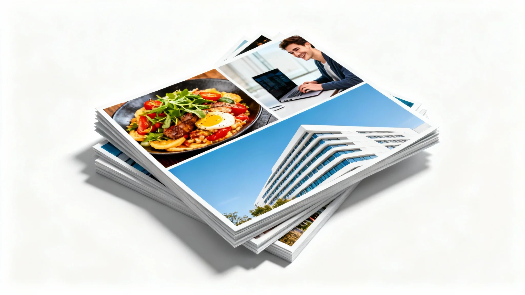 A stack of glossy, high-quality commercial photographs on a white background, showing examples of food, lifestyle, and architectural photography, representing images available for commercial use.