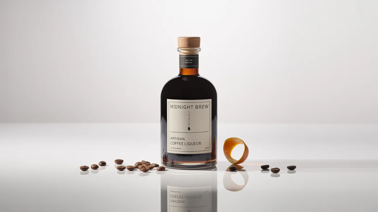 A professional commercial photograph of a luxurious bottle of artisan coffee liqueur labeled 'Midnight Brew' sitting on a reflective white surface, surrounded by coffee beans and an orange twist.