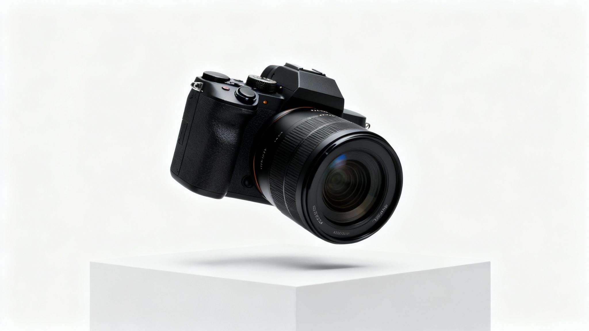 A professional commercial photograph of a high-end black camera on a white pedestal against a clean white background, representing a commercial use image.