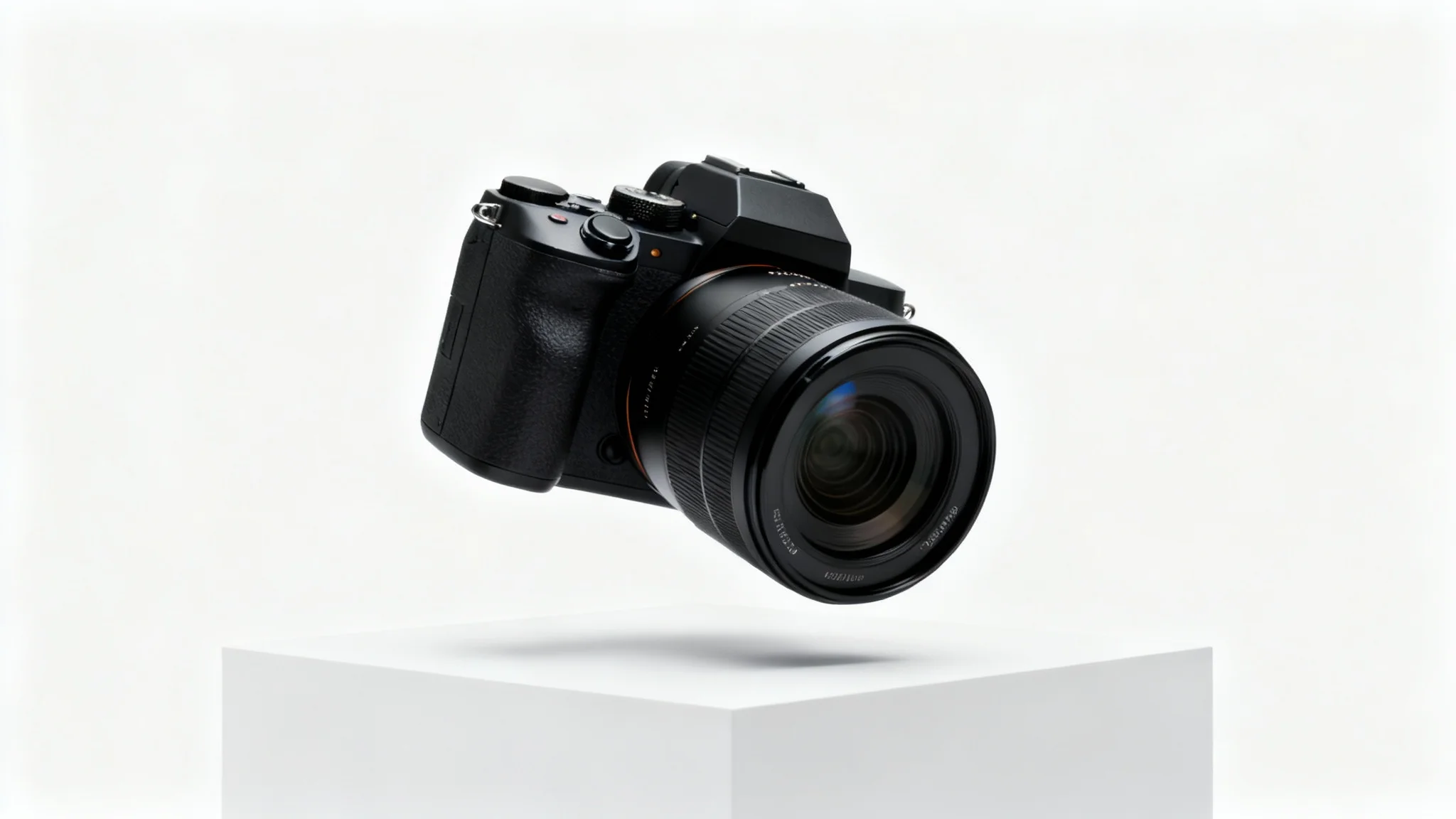 A professional commercial photograph of a high-end black camera on a white pedestal against a clean white background, representing a commercial use image.