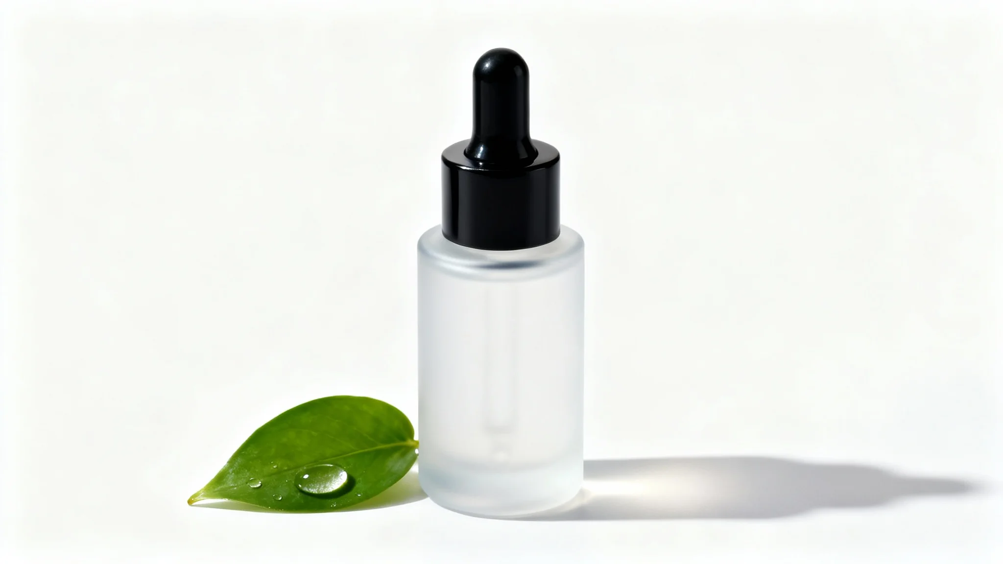 A professional commercial photograph of a luxurious, frosted glass cosmetic bottle with a black dropper, placed next to a dewy green leaf on a stark white background.