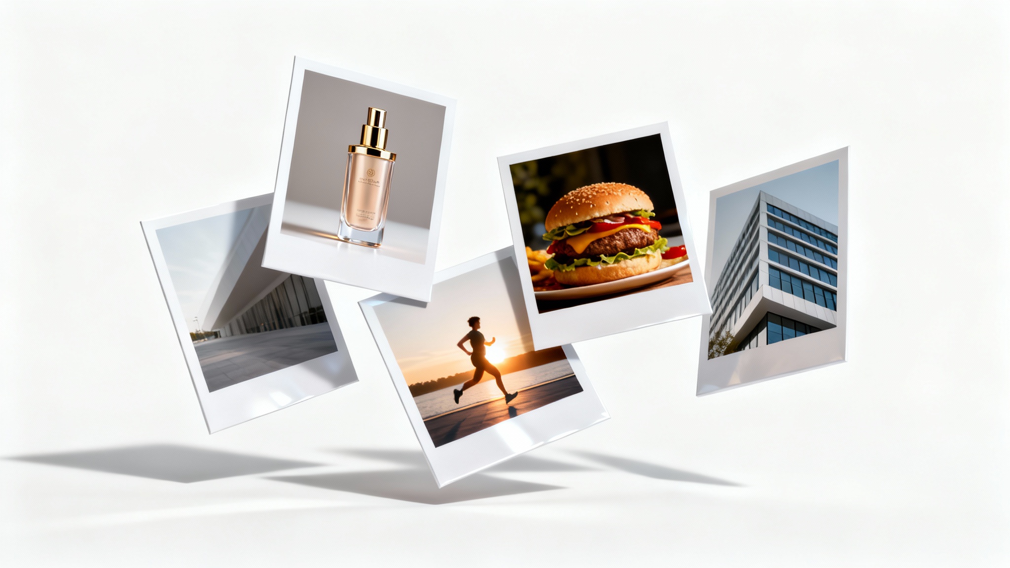 A collage of high-quality commercial images, including a product photo, a food photo, and a lifestyle photo, arranged on a clean white background to represent commercial use.