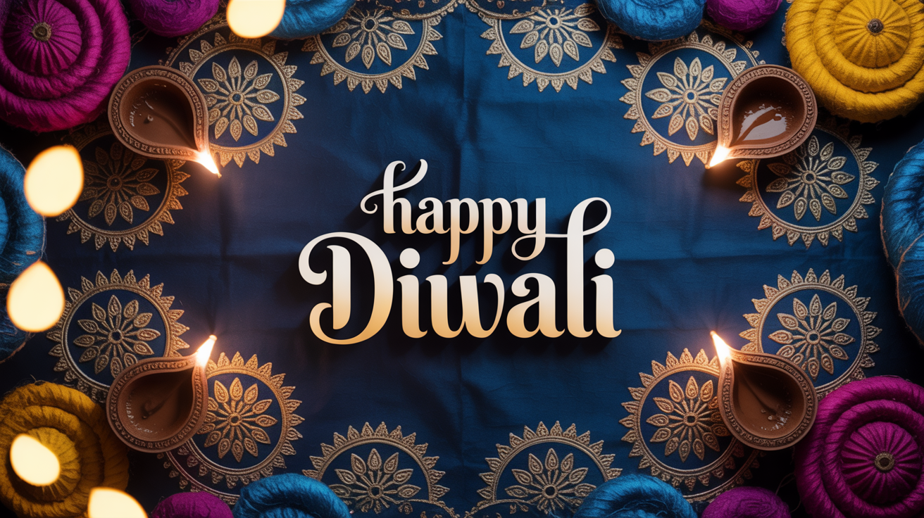 A professionally designed 16:9 Diwali banner showing the final result. It features a deep blue silk background with embossed gold and silver patterns, rangoli designs, lit diyas, and the text 'Happy Diwali' in elegant gold calligraphy.