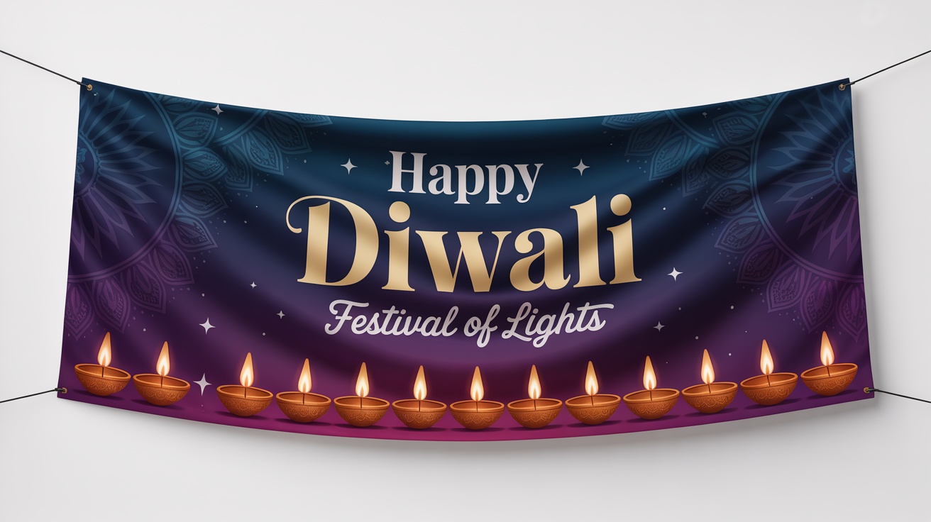A festive Diwali banner mockup on a white background. The banner has a dark blue background, gold text reading 'Happy Diwali' and 'Festival of Lights', and a row of lit oil lamps (diyas) at the bottom.