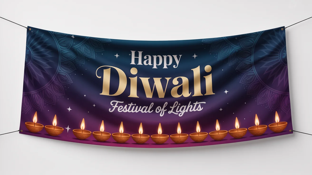A festive Diwali banner mockup on a white background. The banner has a dark blue background, gold text reading 'Happy Diwali' and 'Festival of Lights', and a row of lit oil lamps (diyas) at the bottom.