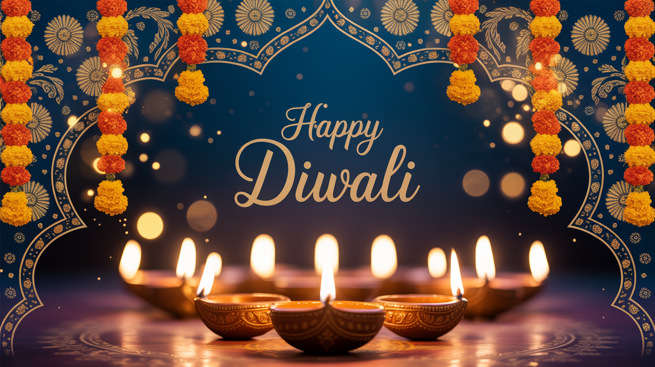 A festive Diwali banner background with glowing oil lamps (diyas) at the bottom, marigold garlands at the top, and 'Happy Diwali' written in gold in the center against a dark blue, sparkling background.