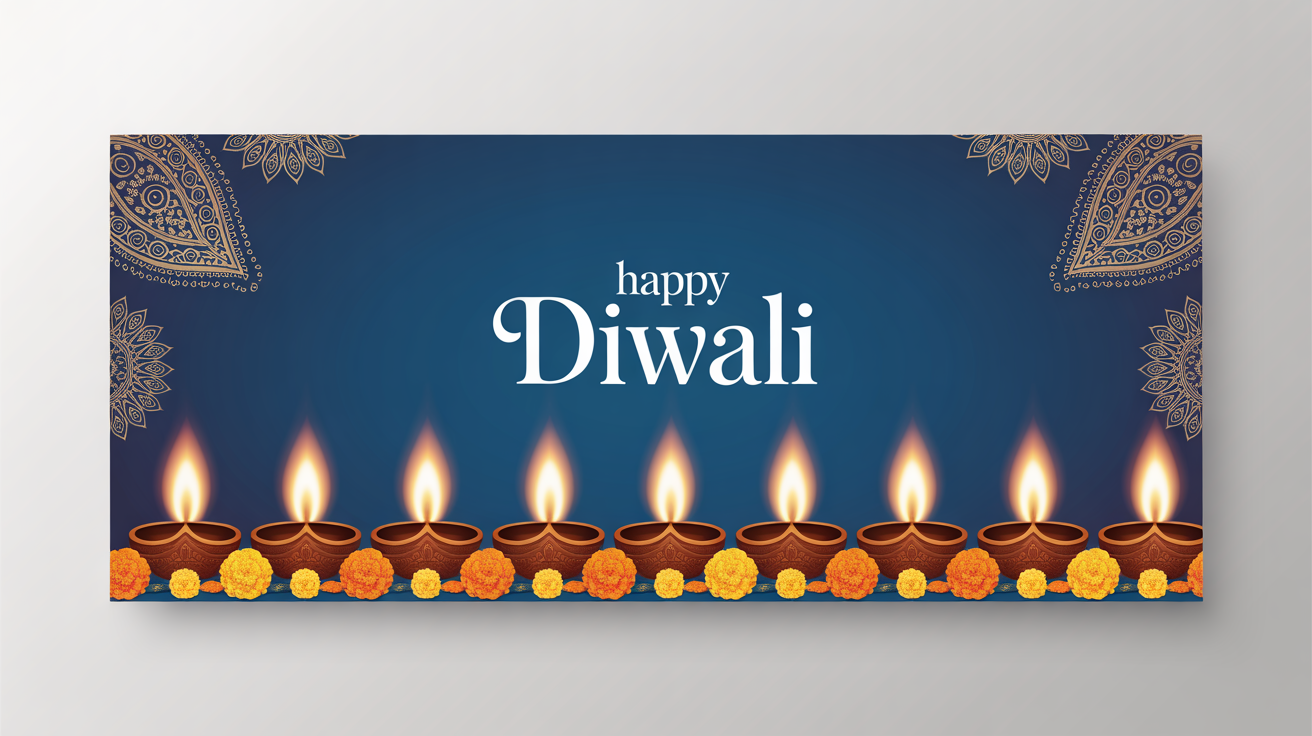A festive Diwali banner background mockup. It features a deep blue backdrop with glowing oil lamps (diyas) and marigold petals along the bottom, and subtle gold patterns on the borders.