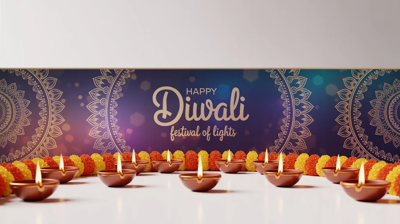A festive Diwali banner background mockup featuring lit oil lamps, marigold flowers, and elegant golden text that reads 'Happy Diwali, Festival of Lights' on a dark, ornate background.