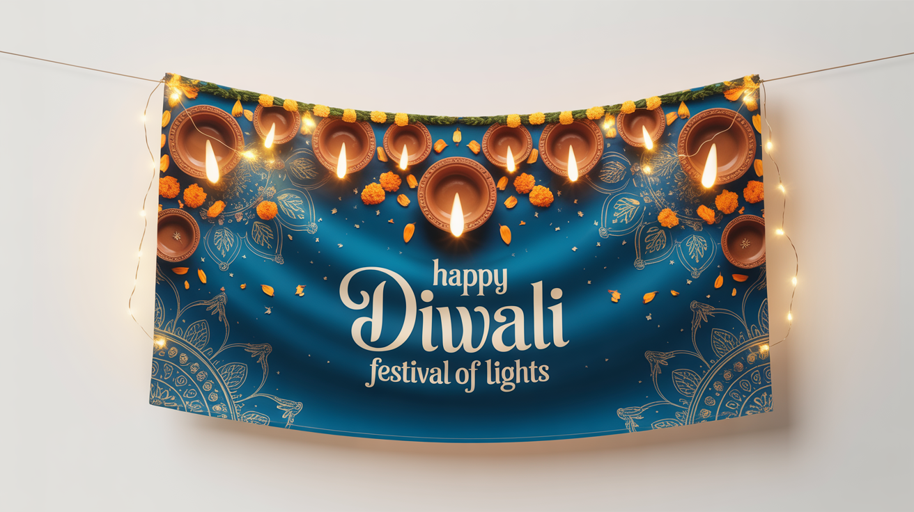 A mockup of a festive Diwali banner featuring diyas, marigolds, and the words 'Happy Diwali' and 'Festival of Lights', presented against a clean white background.