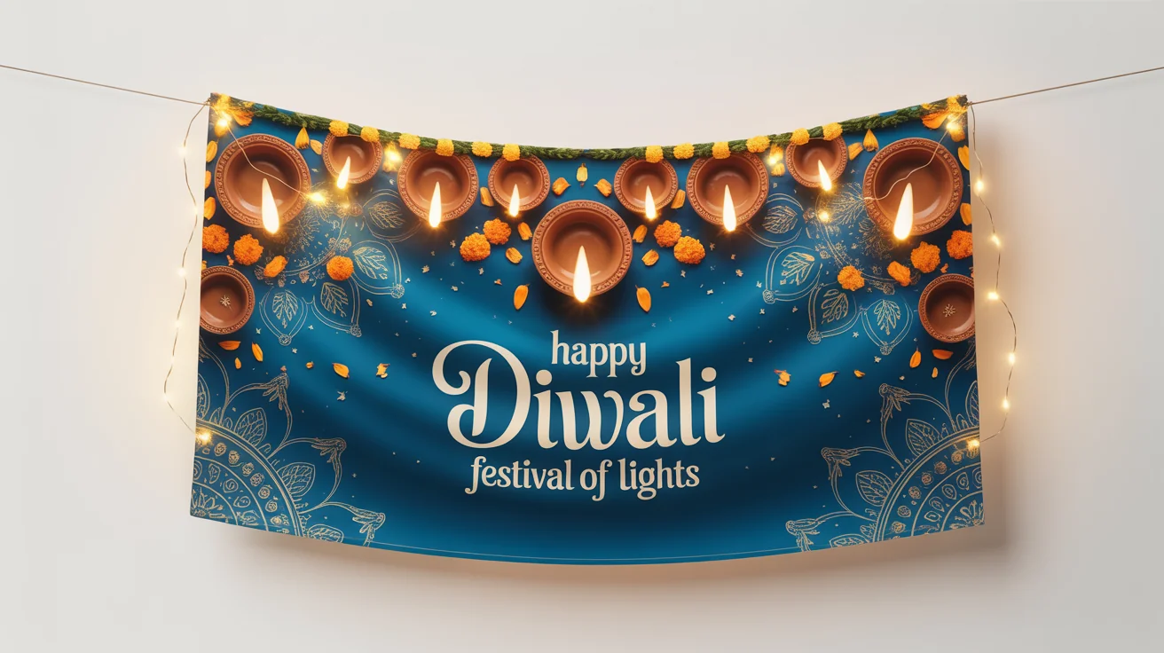 A mockup of a festive Diwali banner featuring diyas, marigolds, and the words 'Happy Diwali' and 'Festival of Lights', presented against a clean white background.
