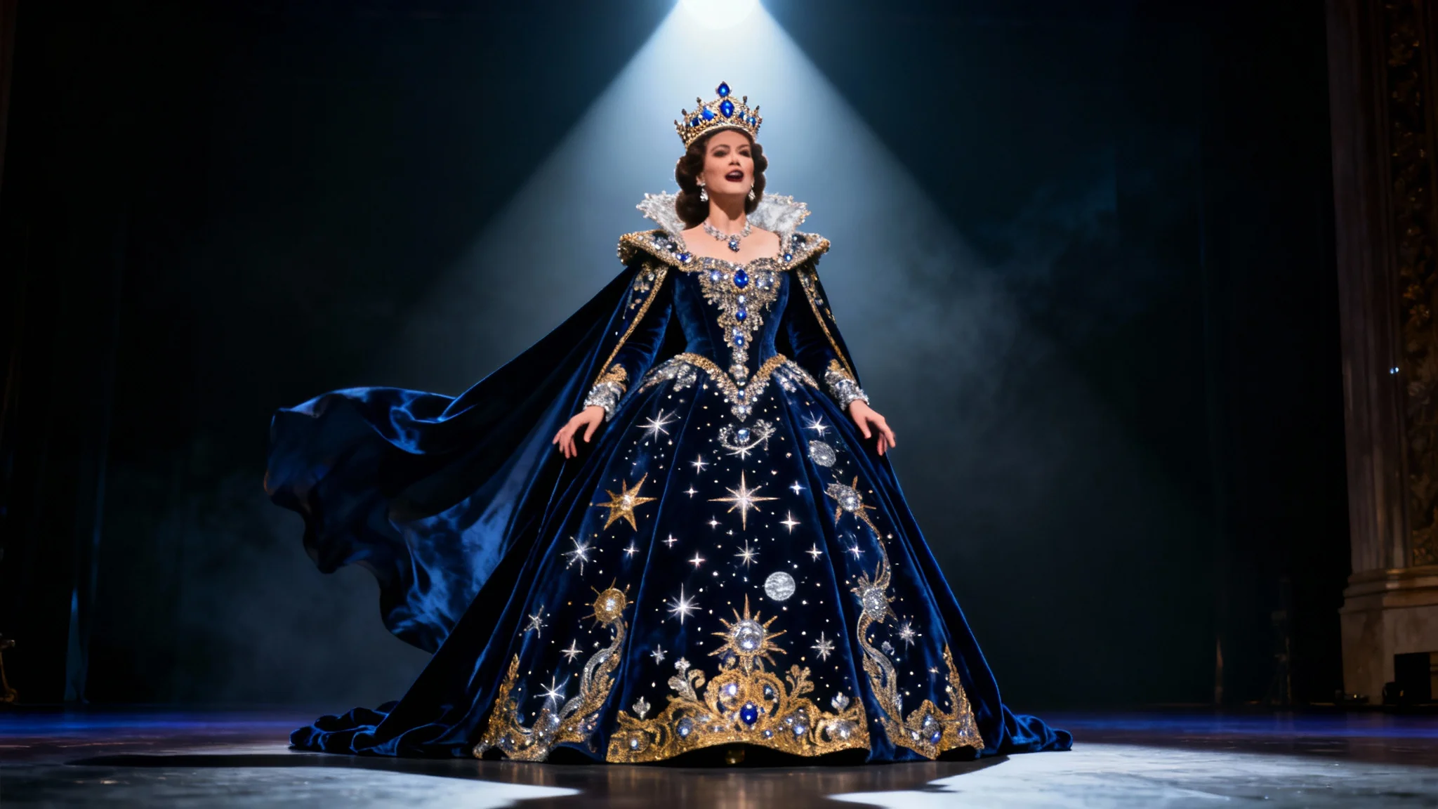A dramatic photo of an opera singer in a magnificent, dark blue and gold royal costume, standing under a spotlight on a grand opera stage.
