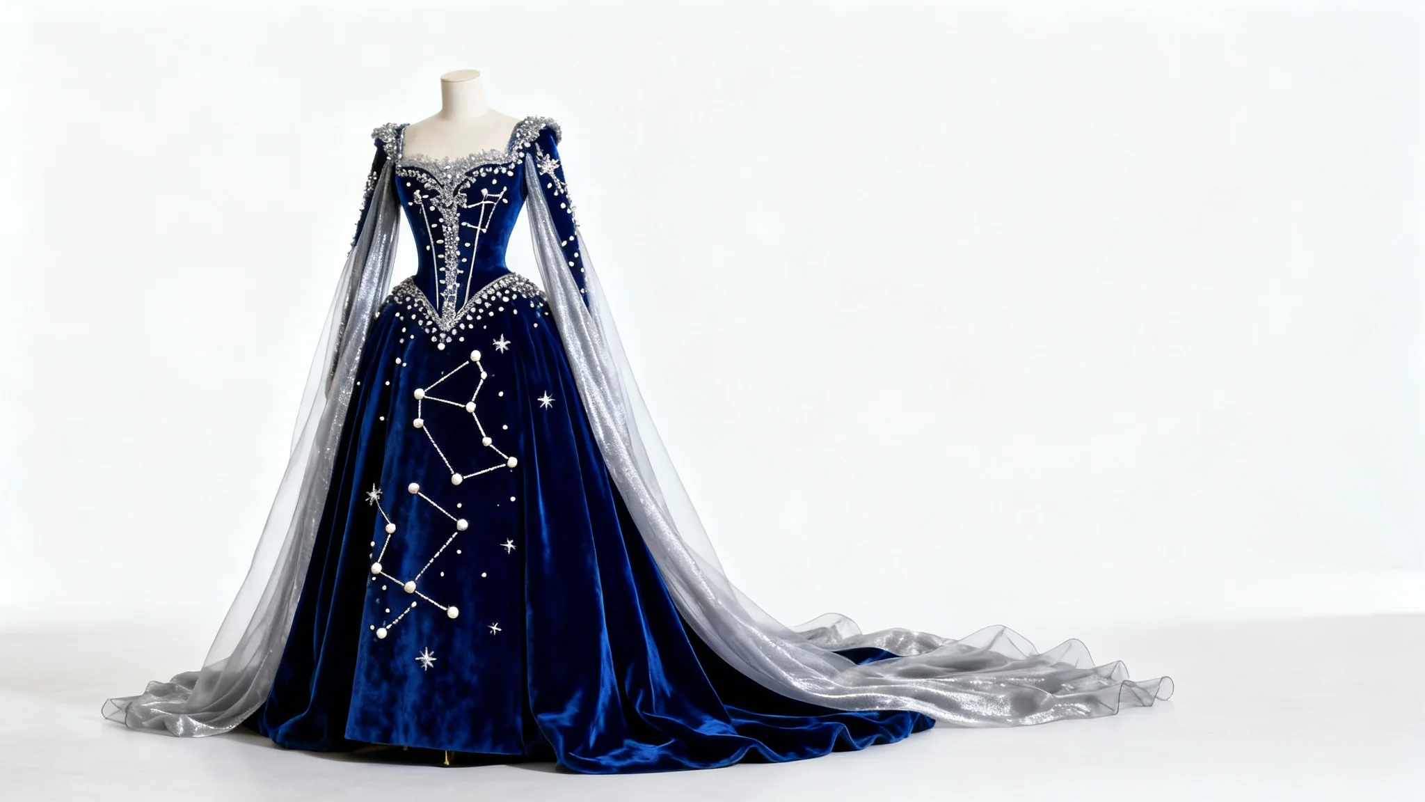 A stunning mockup of a sapphire blue velvet opera costume with silver celestial embroidery and chiffon sleeves, presented on a mannequin against a clean white background.