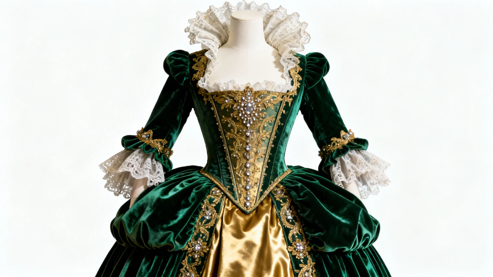 A dramatic and elegant opera costume, an emerald green and gold Baroque gown, displayed as a product mockup on a clean white background.