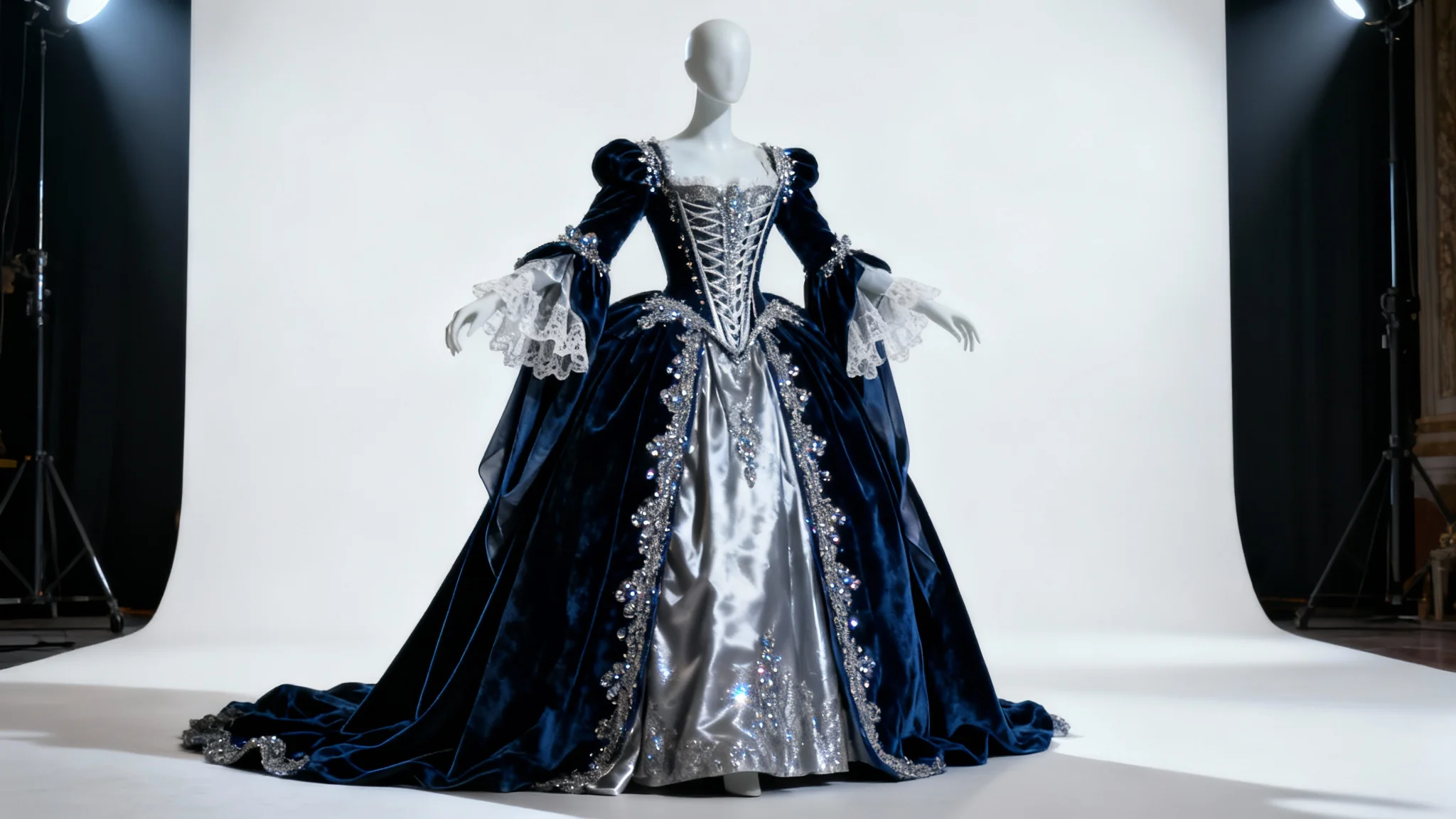 A dramatic, baroque-inspired opera costume in midnight-blue velvet and silver, displayed on a mannequin against a stark white background.