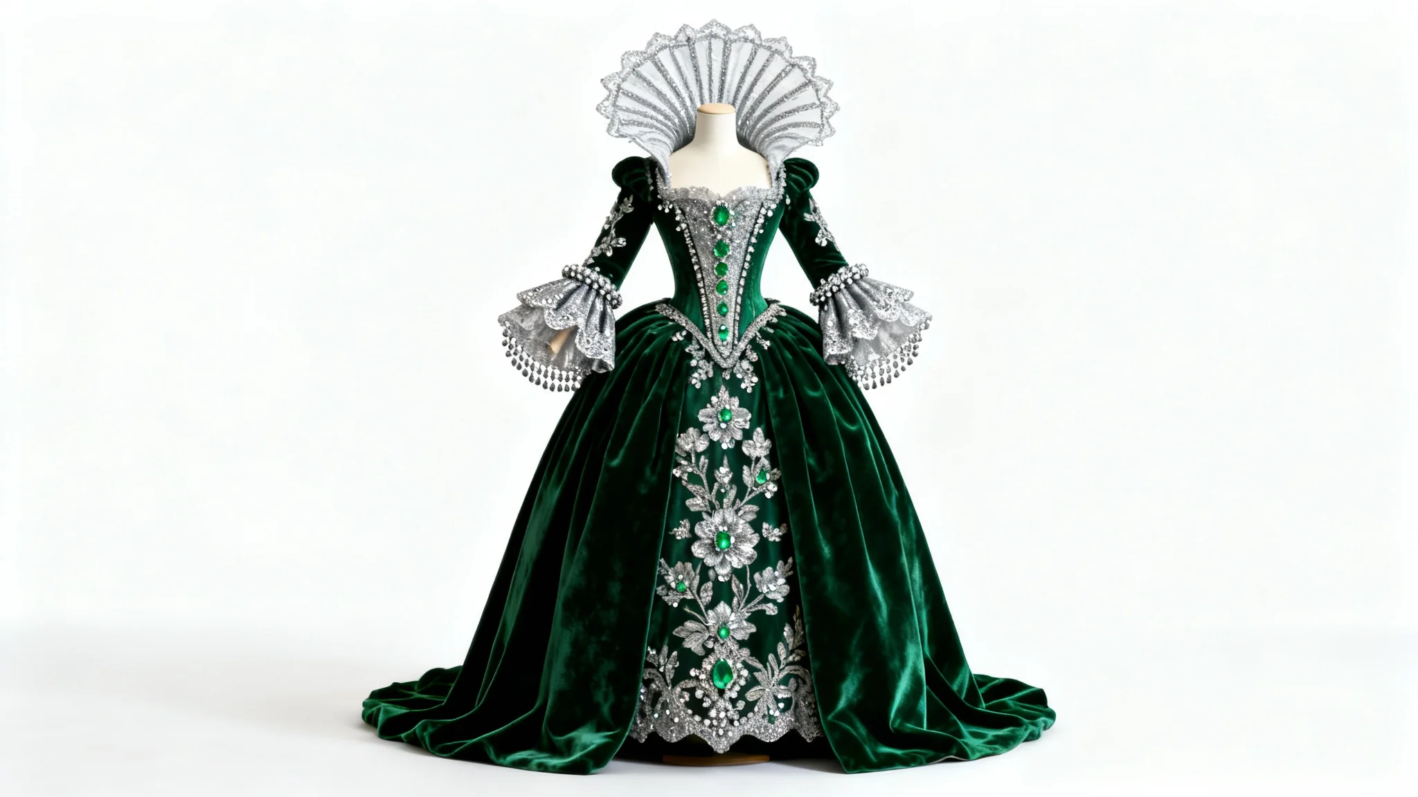 A full-length view of an opulent, emerald green and silver Baroque-style opera costume, featuring intricate embroidery and gemstones, displayed on a mannequin against a white background.