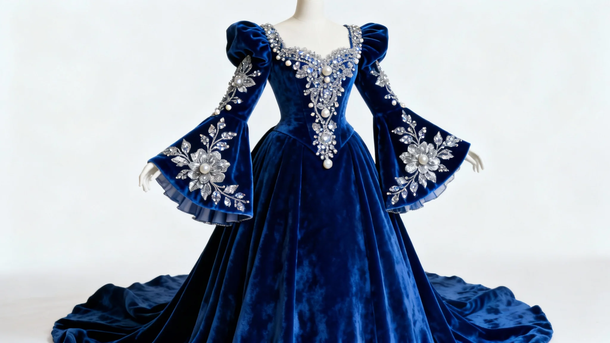 A magnificent royal blue velvet opera gown with intricate silver embroidery and crystal embellishments, displayed against a stark white background.