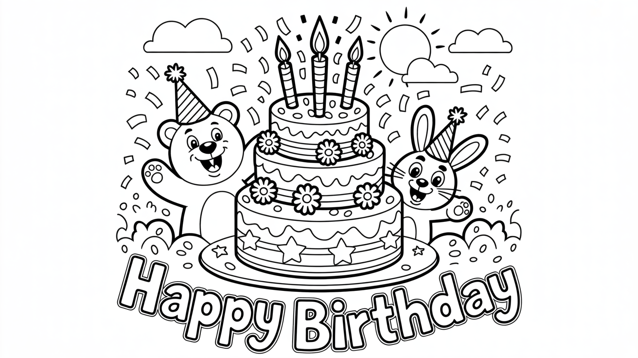 A brightly colored-in coloring page showing a three-tiered birthday cake surrounded by a cartoon bear and rabbit, with 'HAPPY BIRTHDAY' text at the bottom.