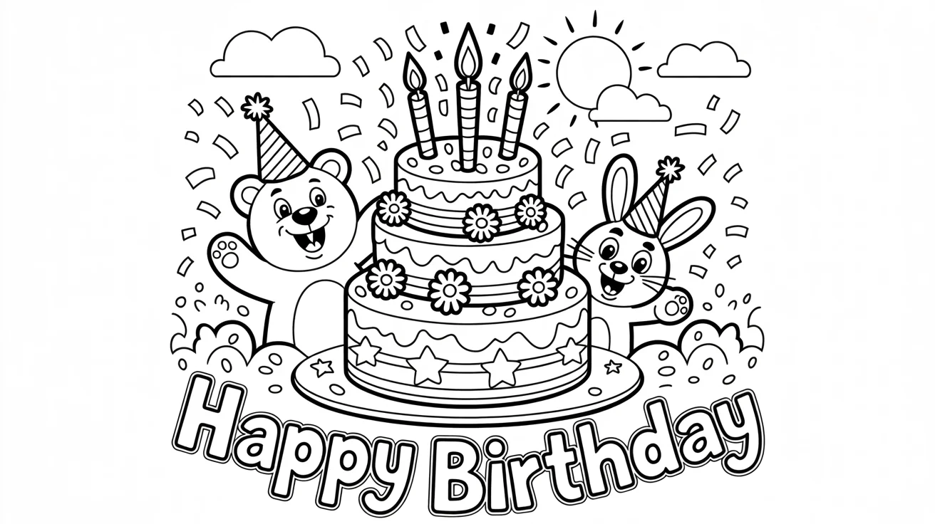 A brightly colored-in coloring page showing a three-tiered birthday cake surrounded by a cartoon bear and rabbit, with 'HAPPY BIRTHDAY' text at the bottom.