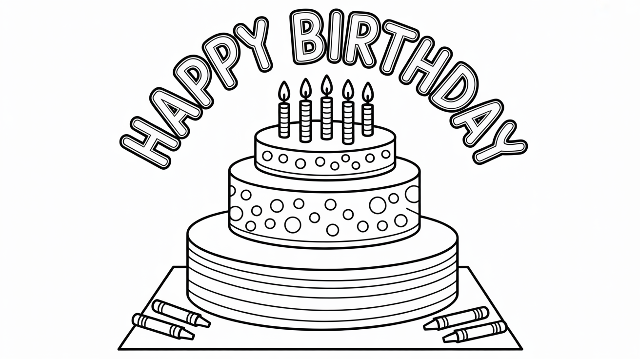 A black and white line art coloring page of a three-tiered birthday cake with a 'Happy Birthday' banner, shown on a white background with three colorful crayons lying nearby.