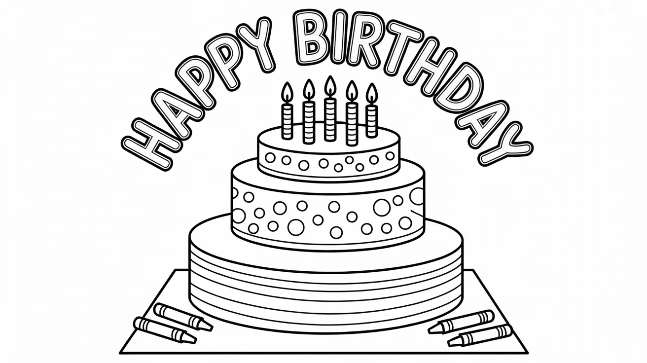 A black and white line art coloring page of a three-tiered birthday cake with a 'Happy Birthday' banner, shown on a white background with three colorful crayons lying nearby.