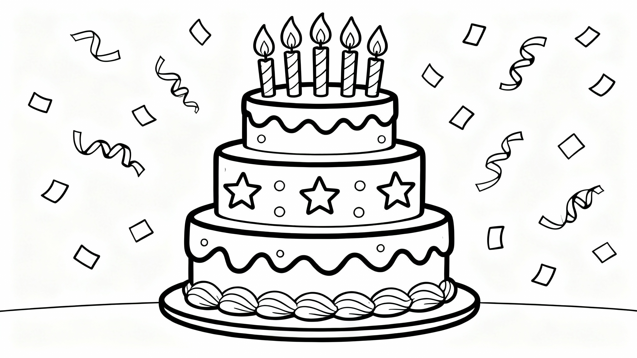 A black and white line art coloring page of a three-tiered birthday cake with candles and decorations, set against a plain white background.