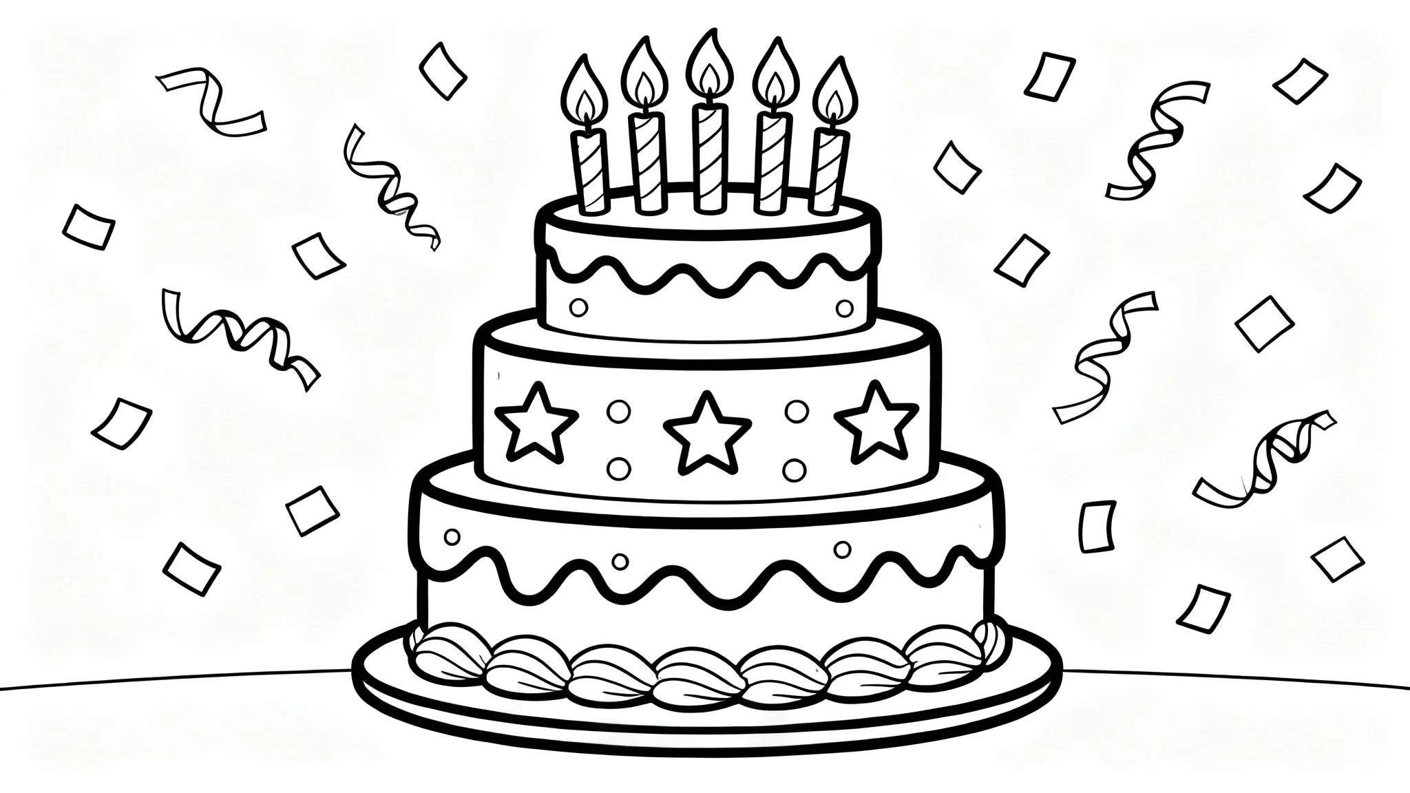 A black and white line art coloring page of a three-tiered birthday cake with candles and decorations, set against a plain white background.