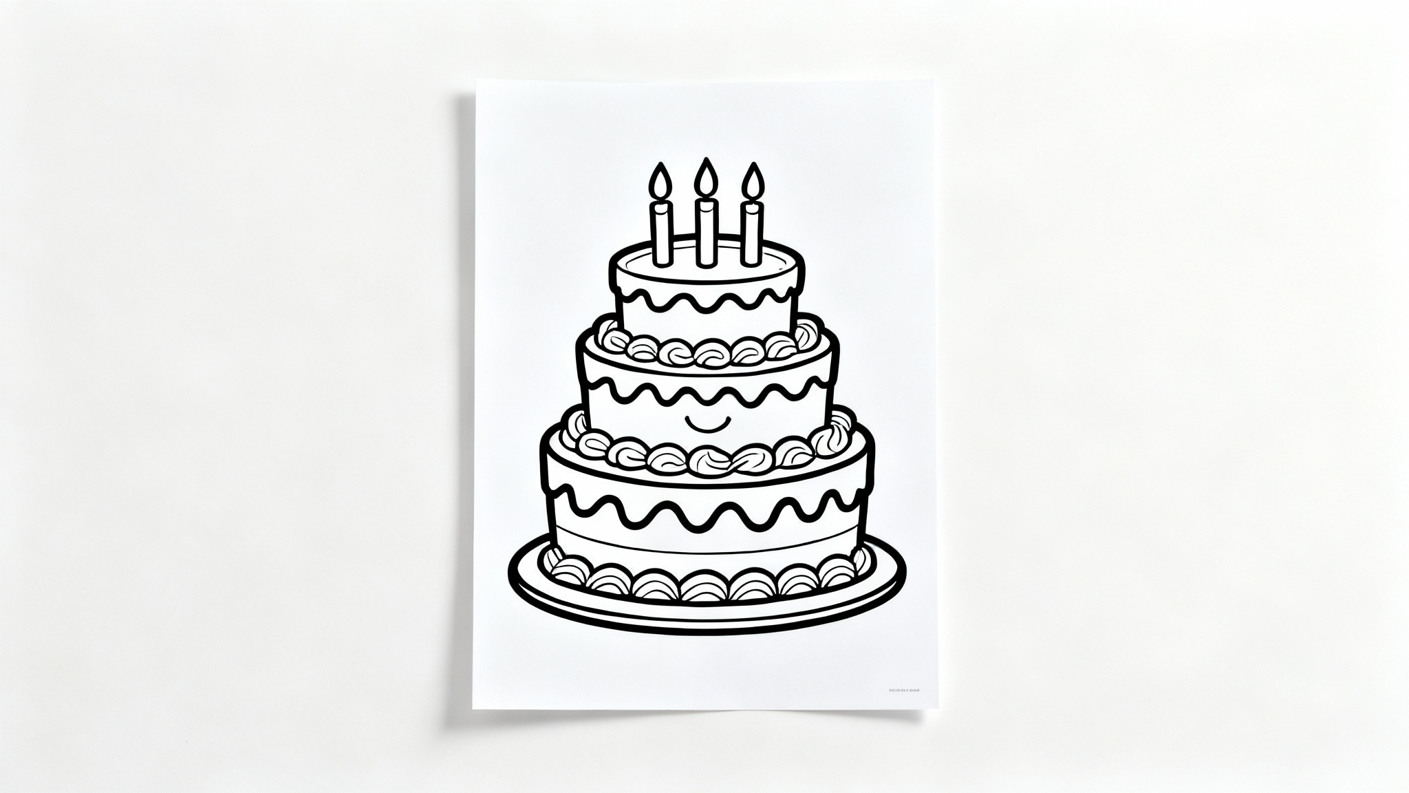 A black and white line art coloring page featuring a three-tiered birthday cake with candles, presented as a mockup on a clean white background.