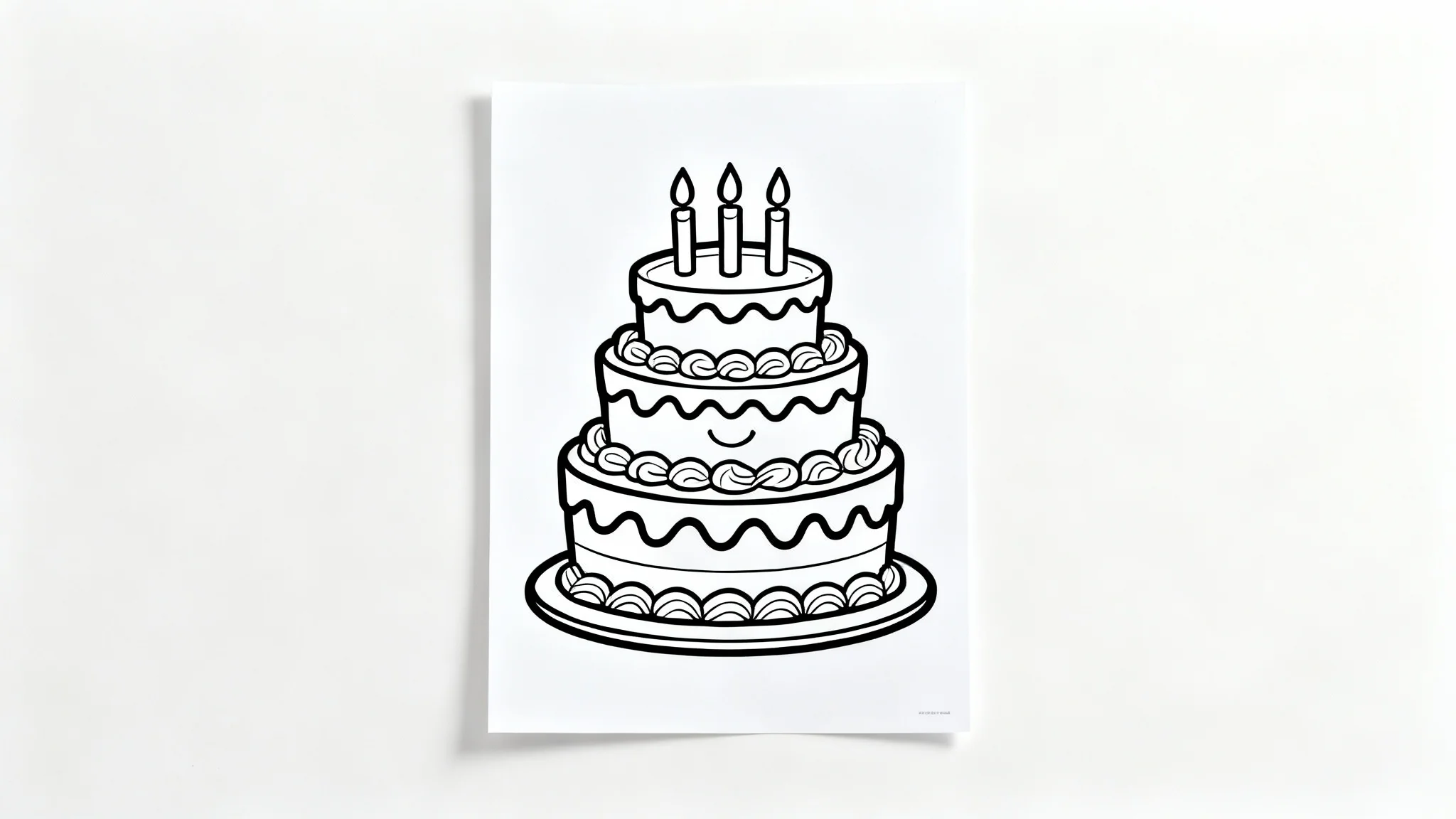 A black and white line art coloring page featuring a three-tiered birthday cake with candles, presented as a mockup on a clean white background.
