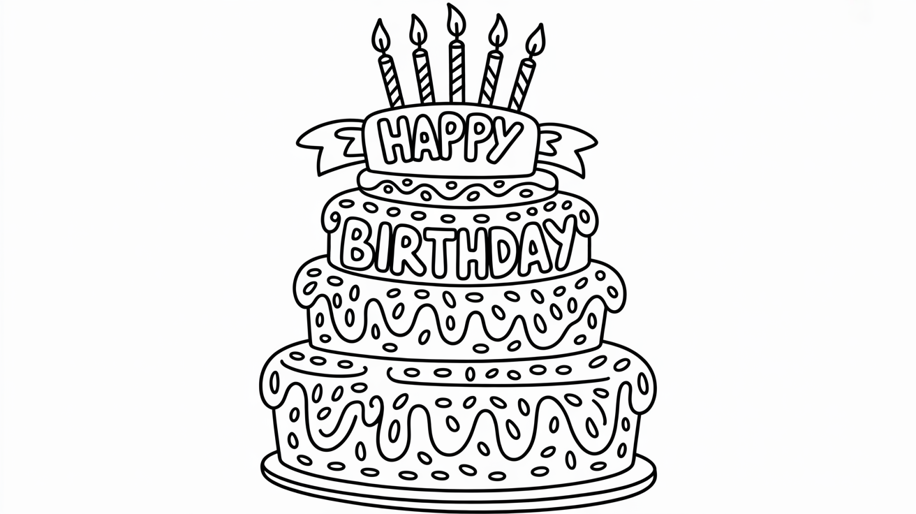 A black and white coloring page featuring a large birthday cake with candles and frosting, with the words 'Happy Birthday' written above it, all designed with bold outlines on a white background.