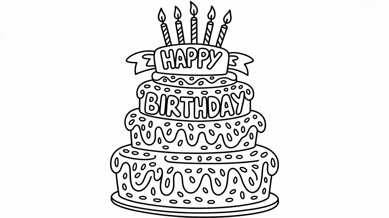 A black and white coloring page featuring a large birthday cake with candles and frosting, with the words 'Happy Birthday' written above it, all designed with bold outlines on a white background.