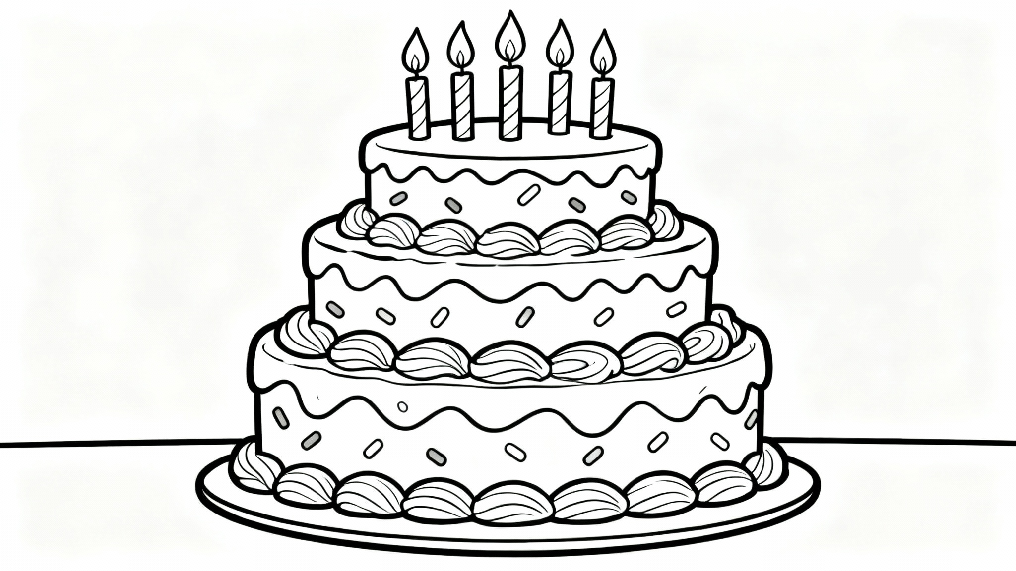 A black and white coloring page outline of a festive three-tiered birthday cake with candles on top, set against a plain white background.