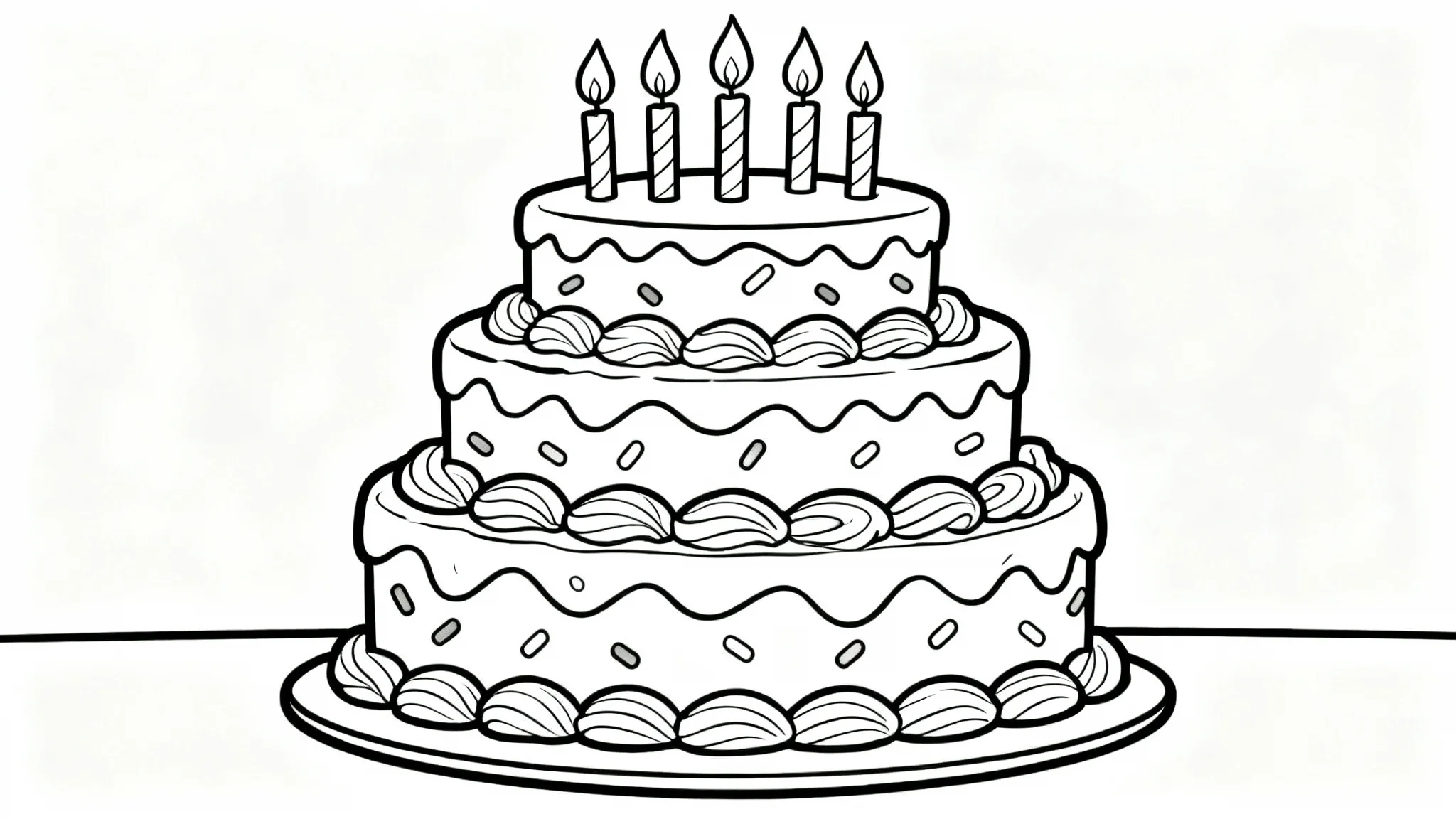 A black and white coloring page outline of a festive three-tiered birthday cake with candles on top, set against a plain white background.