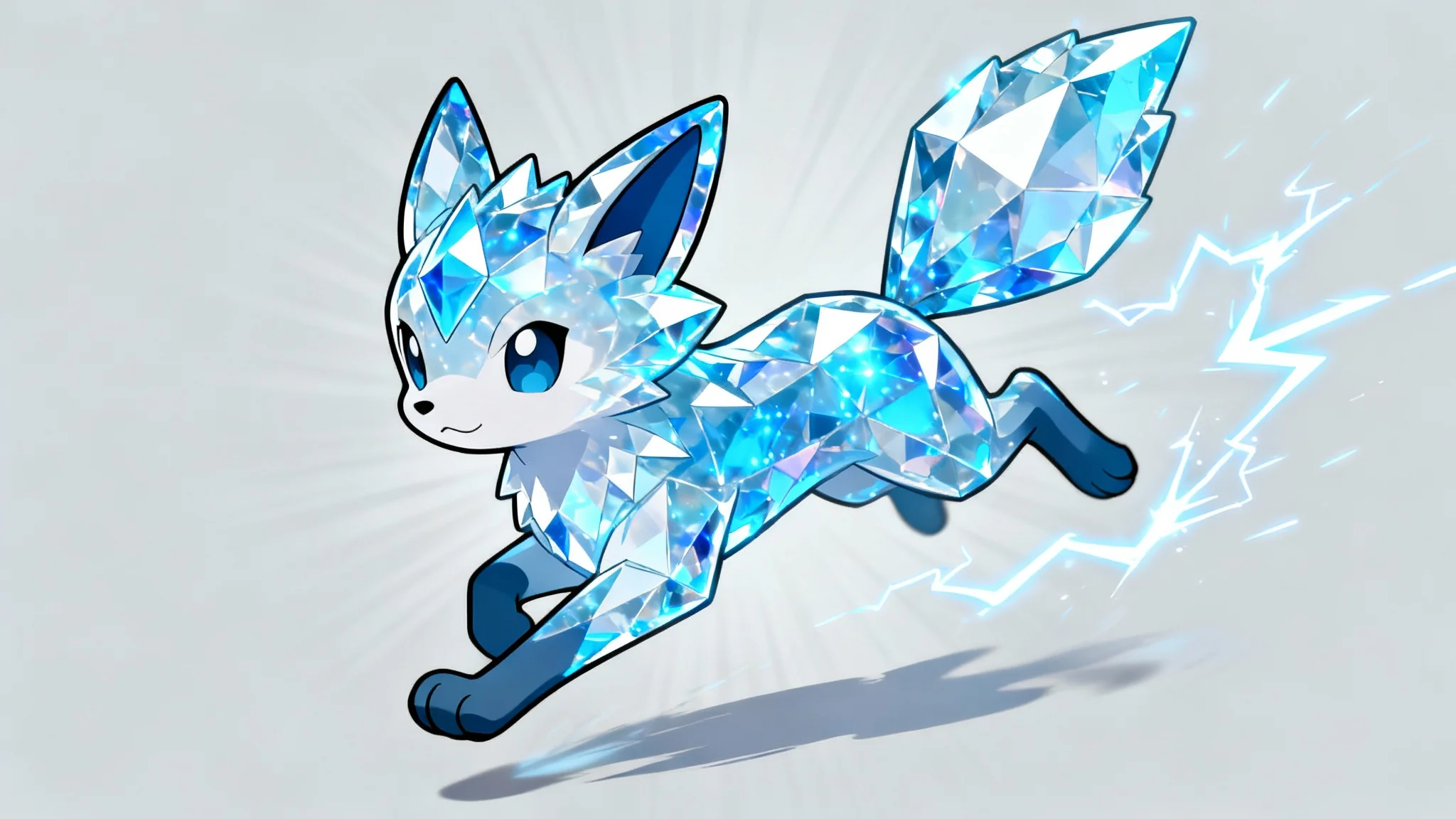 An original Pokémon-style creature resembling a small, crystalline fox, captured mid-pounce against a light gray background with a blue energy burst.