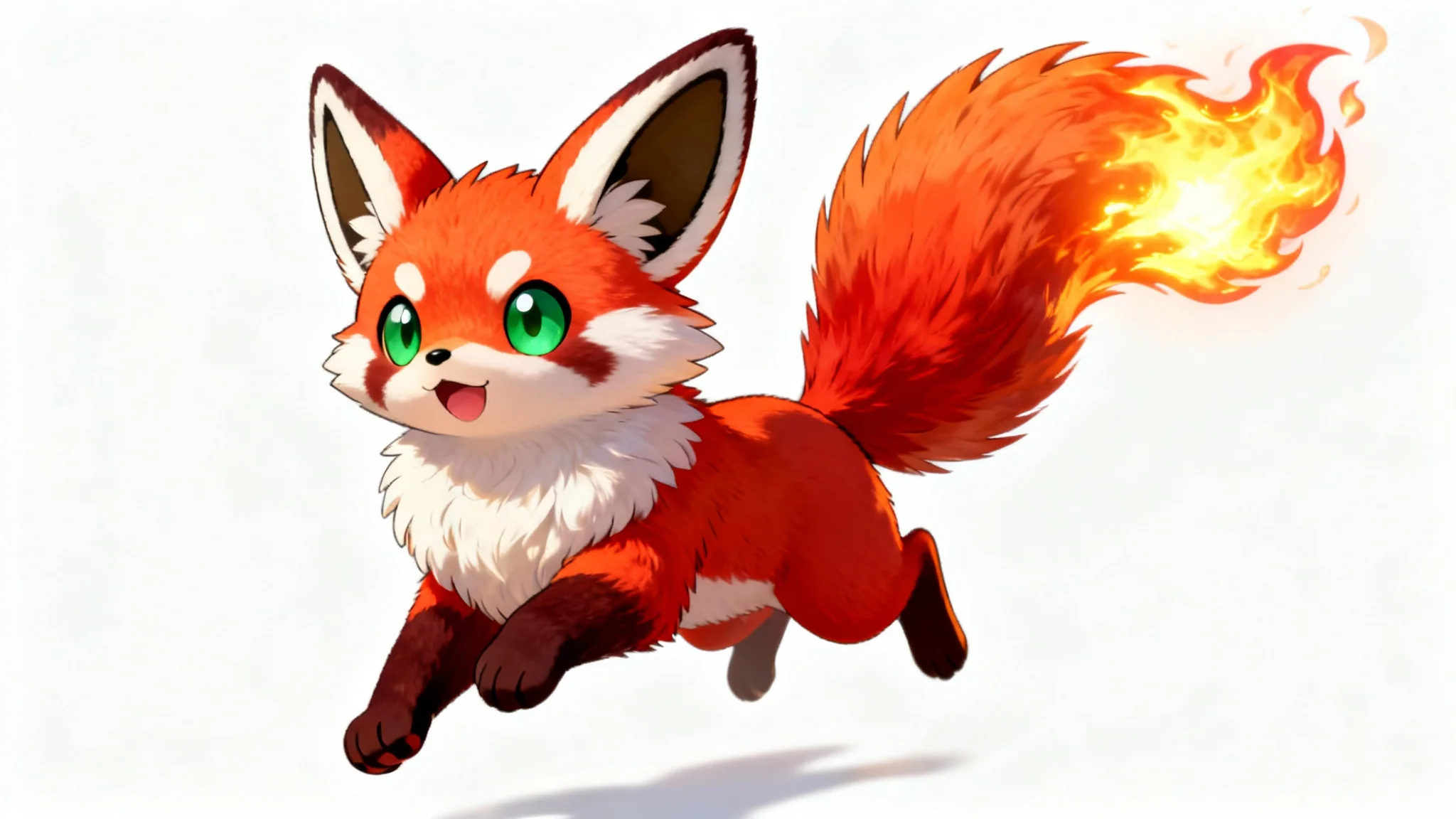 A full-body digital illustration of a cute, fictional, Pokémon-style creature resembling a red panda and fox hybrid, featuring a flame on its tail, posed dynamically against a solid white background.