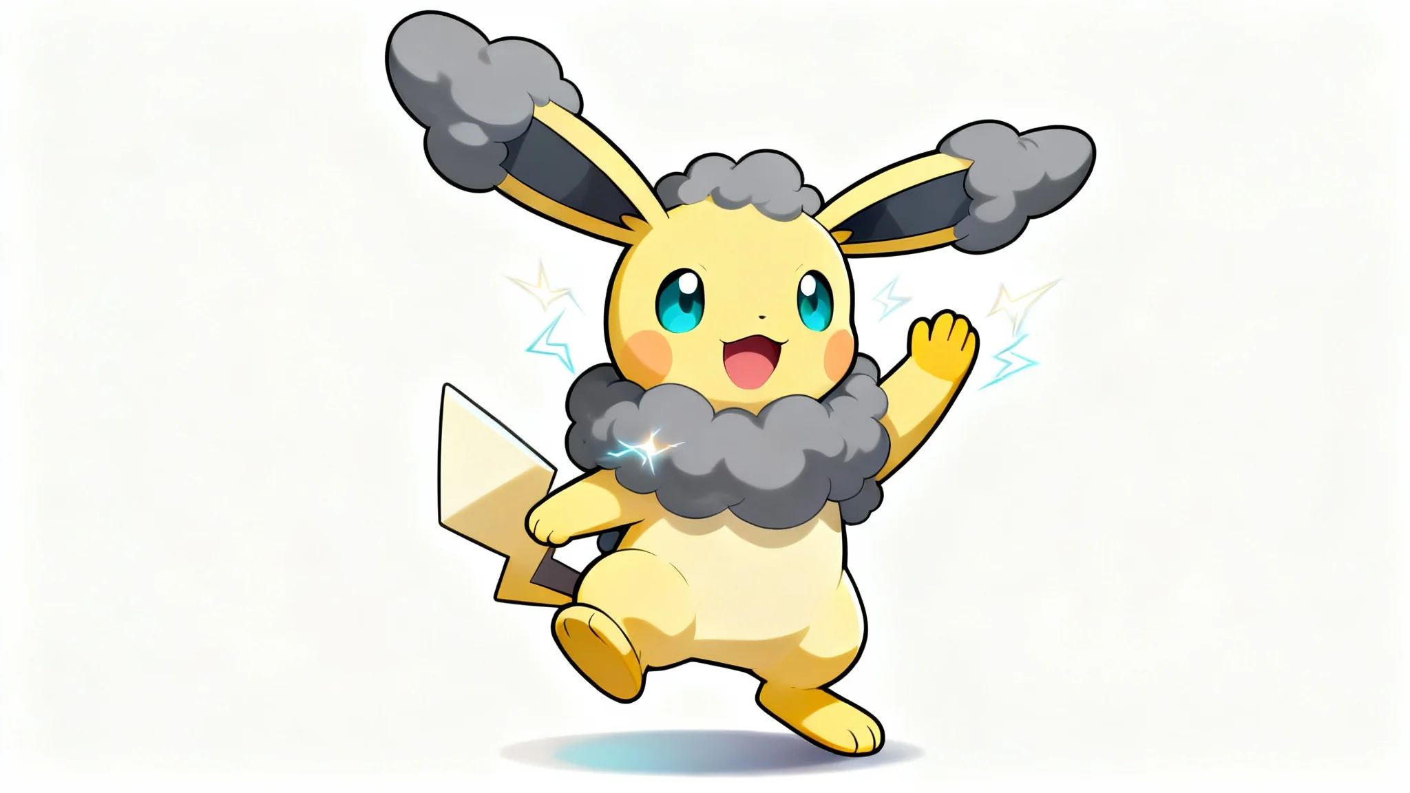 A digital illustration of a cute, yellow and gray rabbit-like monster creature in the style of Pokémon, cheerfully waving against a plain white background.