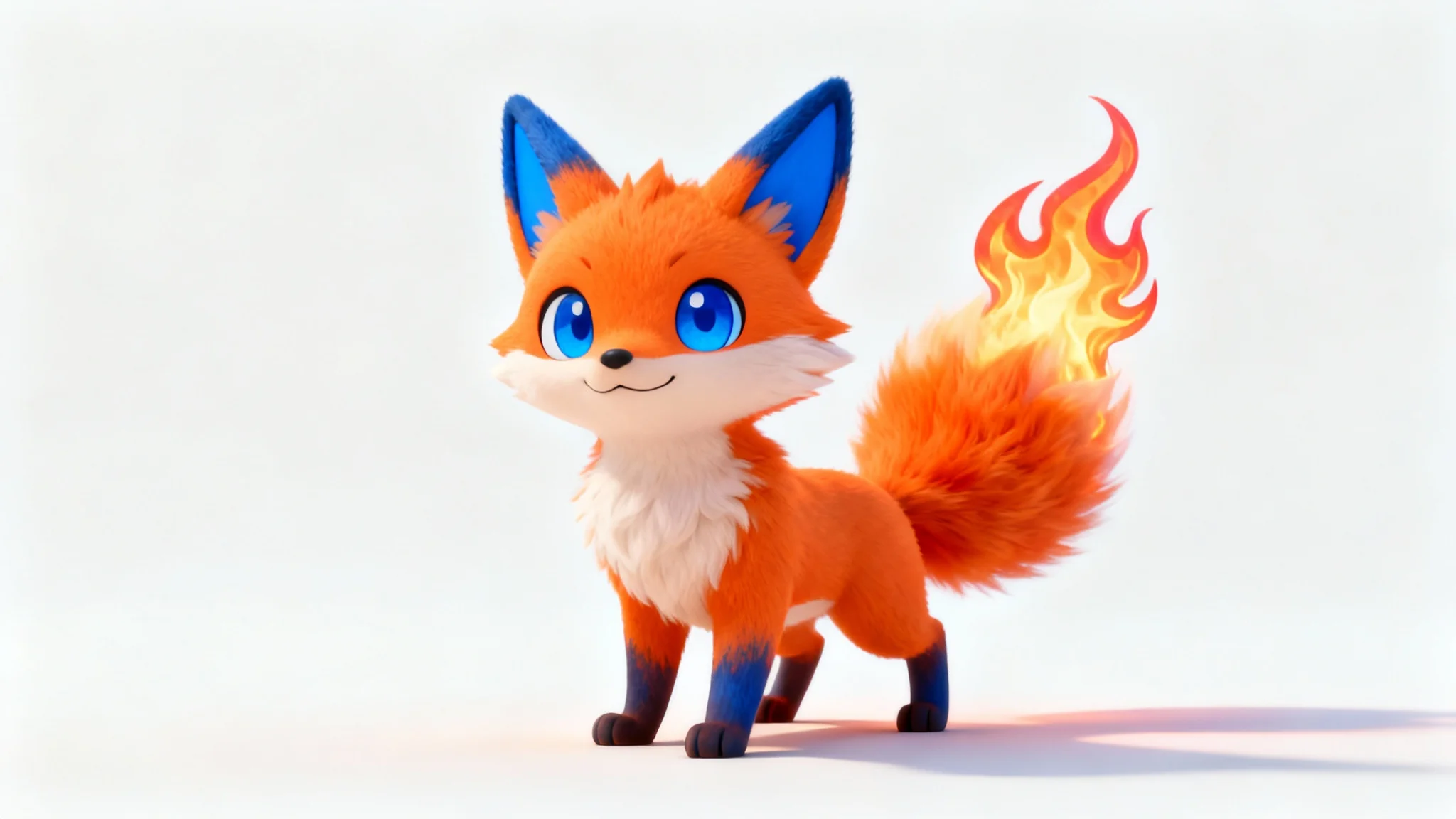 A 3D rendered, cute orange fox-like creature with a flame on its tail, created in a popular monster-catching anime style, standing on a white background.