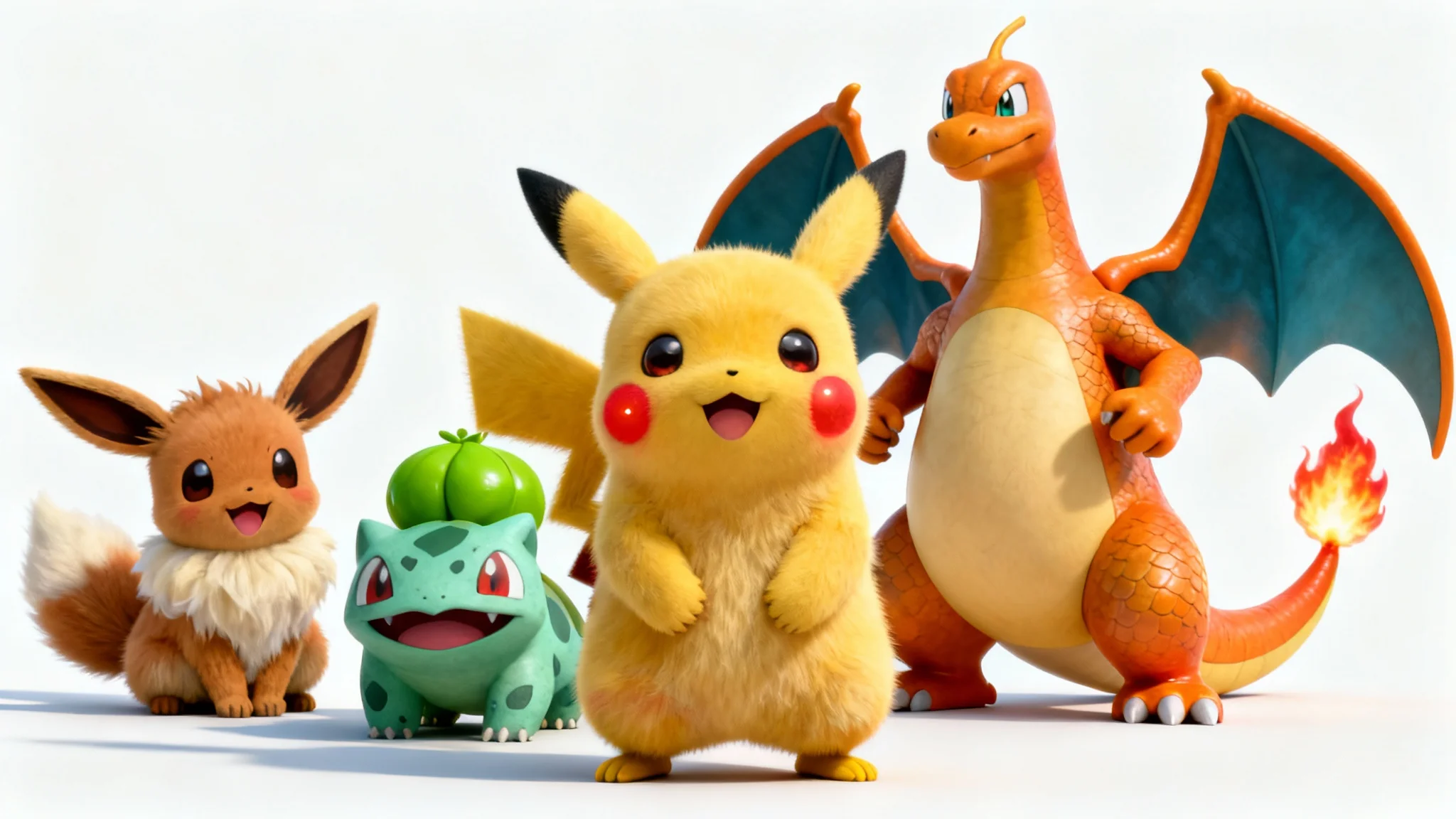 A hyper-realistic 3D rendering of a group of popular pokémon, including Pikachu, Charizard, Eevee, and Bulbasaur, standing together on a clean white background in a dynamic and heroic pose.