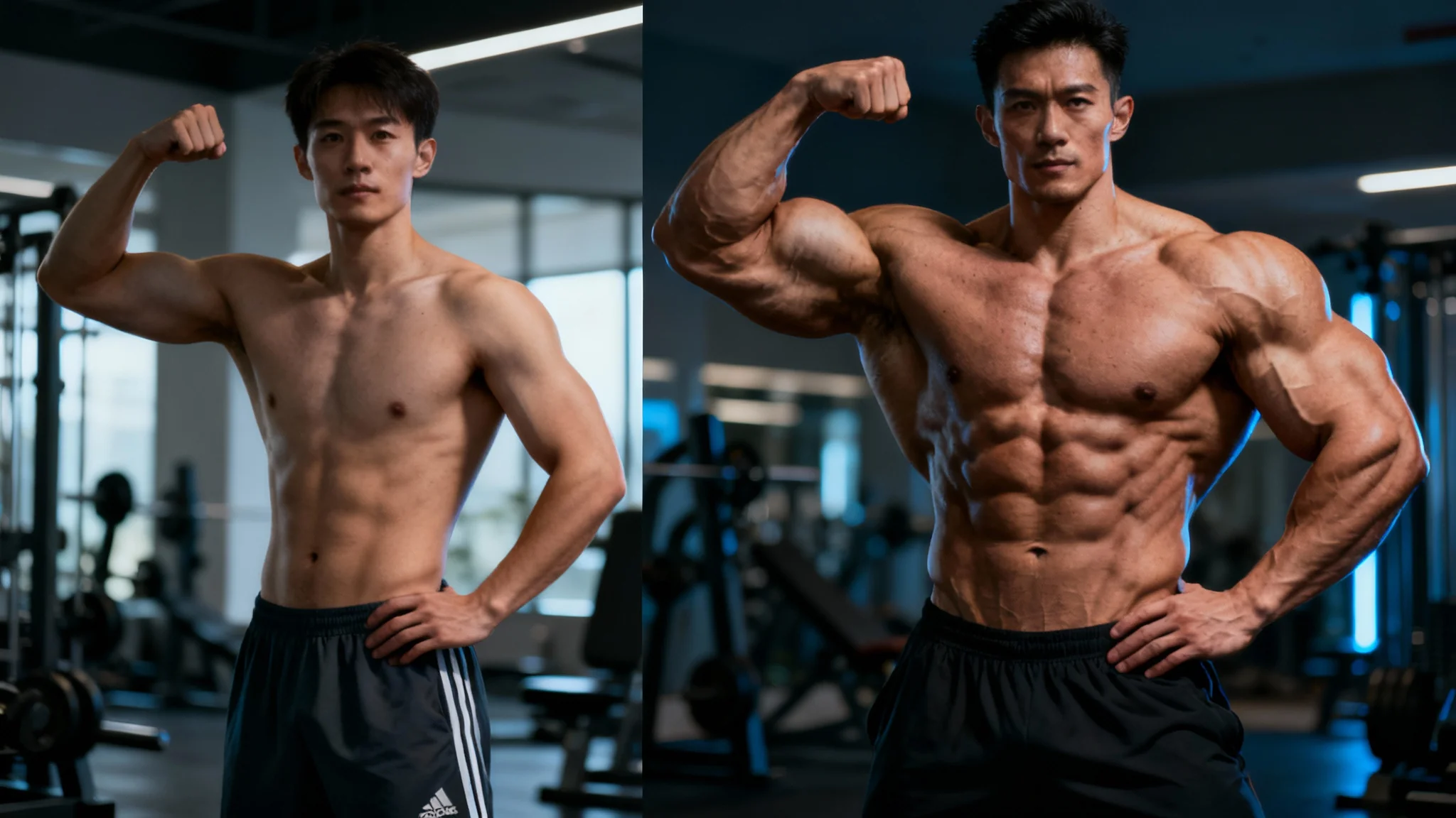 A split-screen comparison showing the effect of a muscle editor tool. The 'before' image shows a man with a regular build, and the 'after' image shows the same man with a digitally enhanced muscular physique.
