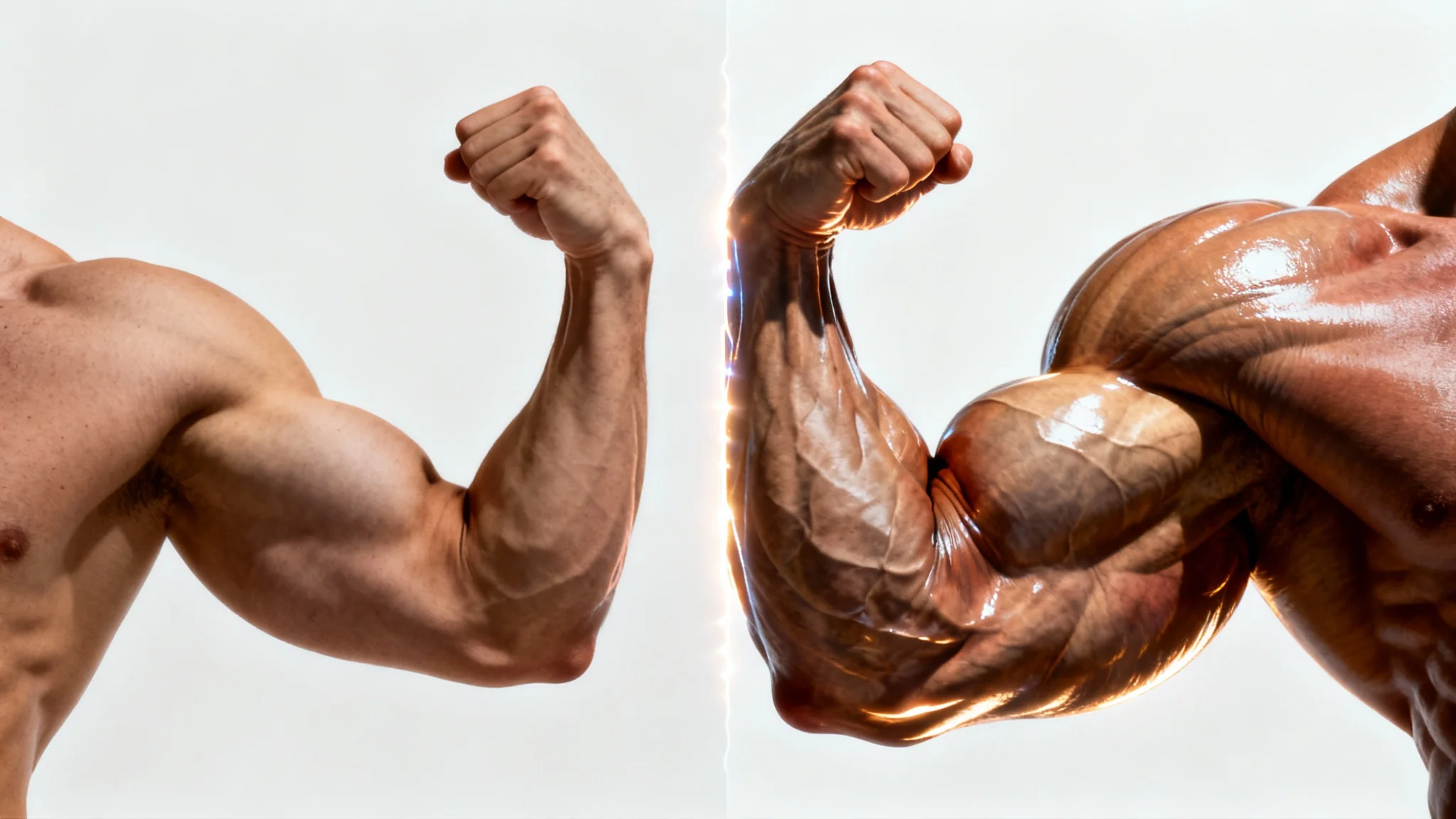 A before-and-after image of an arm against a white background, demonstrating a muscle editor. The 'before' side shows a normal toned arm, while the 'after' side shows the same arm with greatly exaggerated and defined muscles.