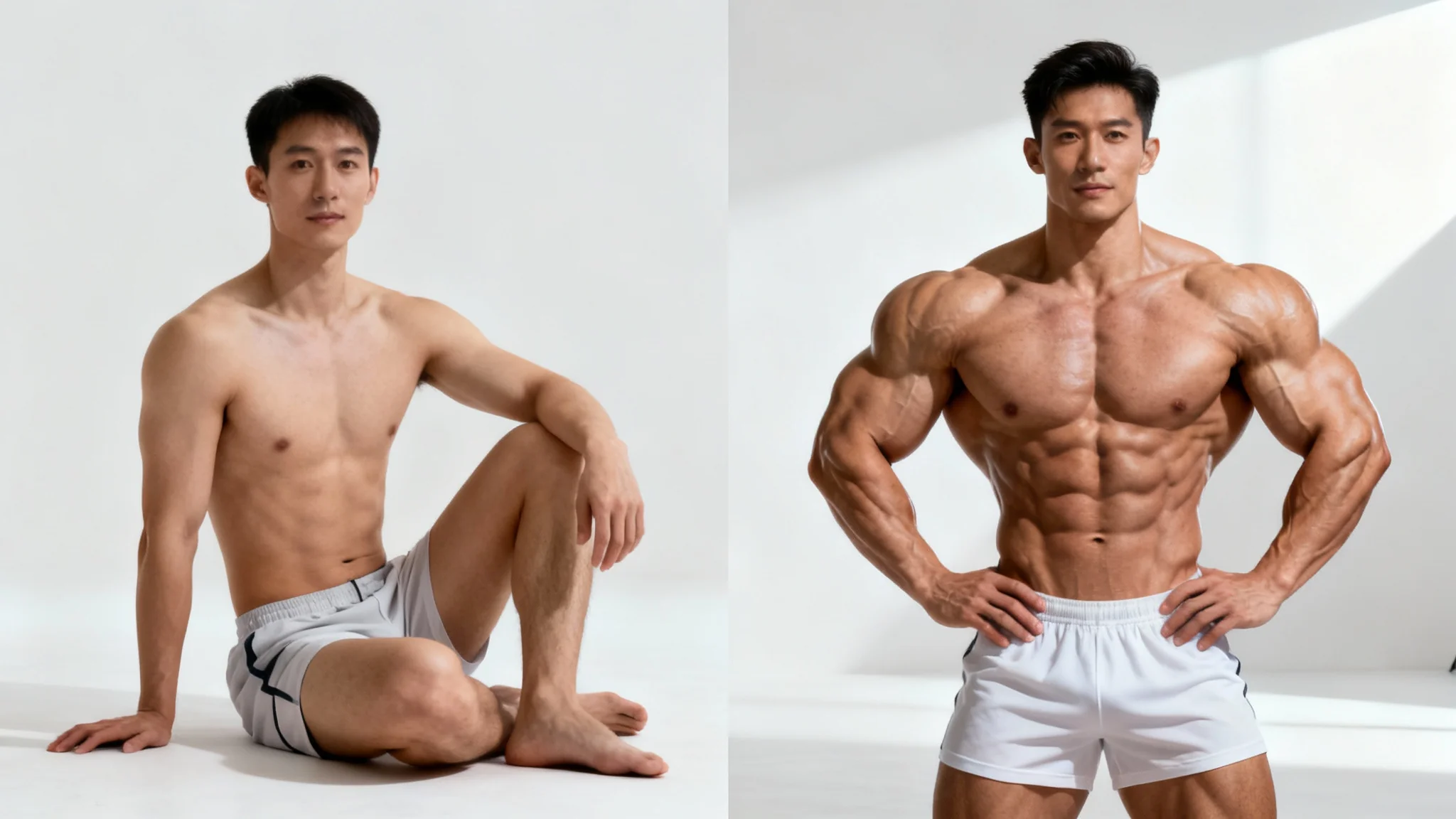 A split-screen image demonstrating a muscle editor, showing a man with an average build on the left and the same man with a highly muscular and defined physique on the right, against a white background.