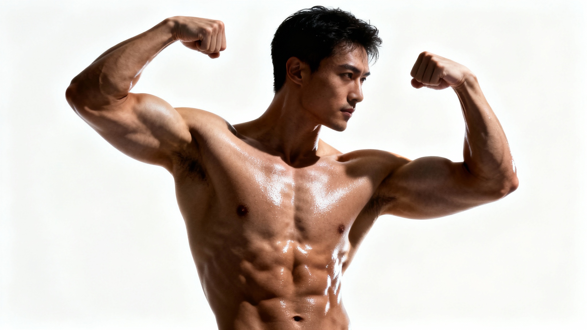 A photorealistic mockup image of an extremely muscular man with defined abs and biceps, posing powerfully against a stark white background under dramatic studio lighting.