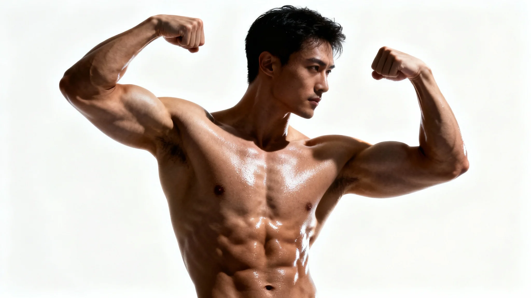 A photorealistic mockup image of an extremely muscular man with defined abs and biceps, posing powerfully against a stark white background under dramatic studio lighting.
