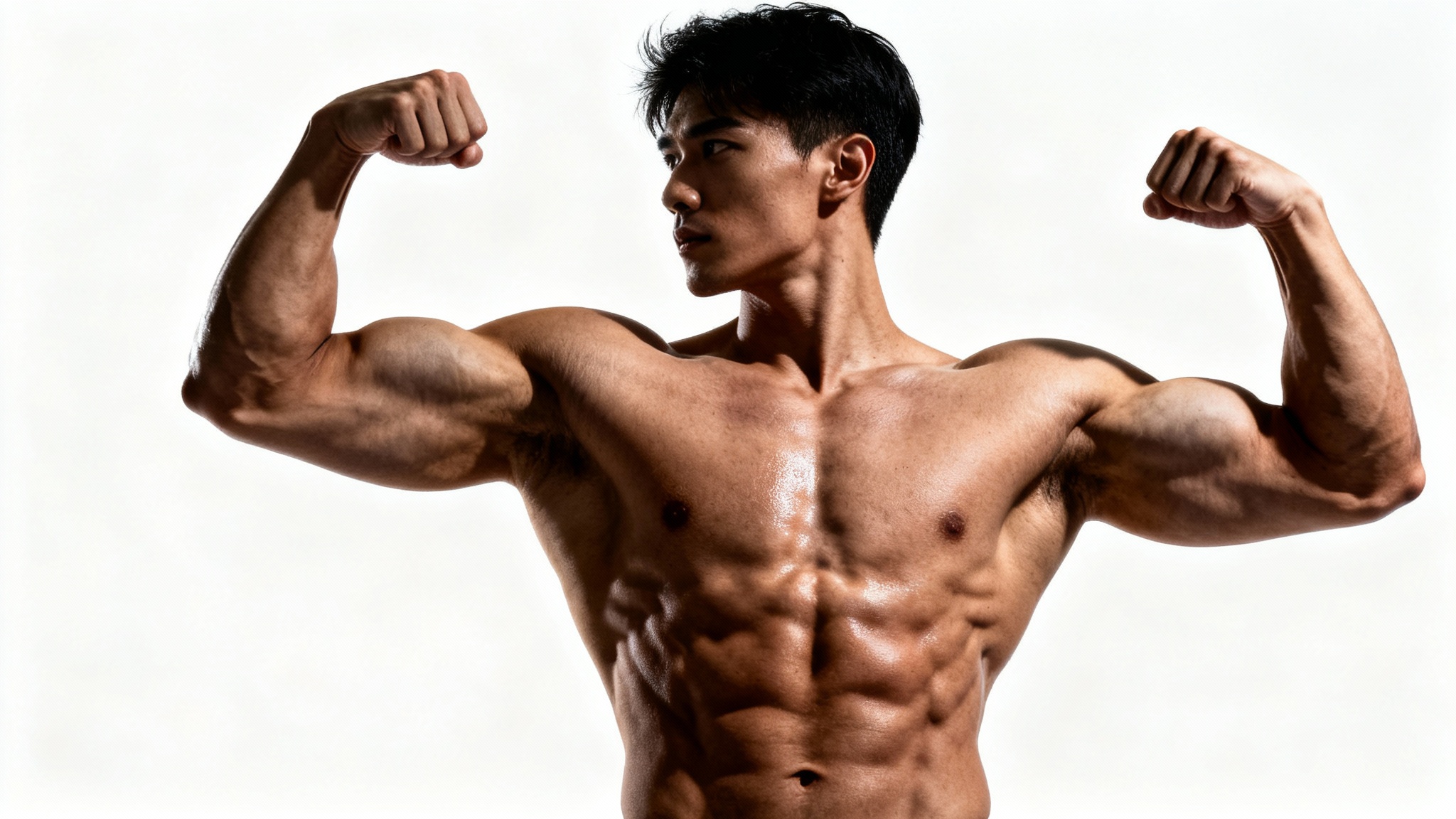 A photorealistic image of a man with an extremely defined and muscular physique, flexing against a plain white background, demonstrating the result of a muscle editing effect.