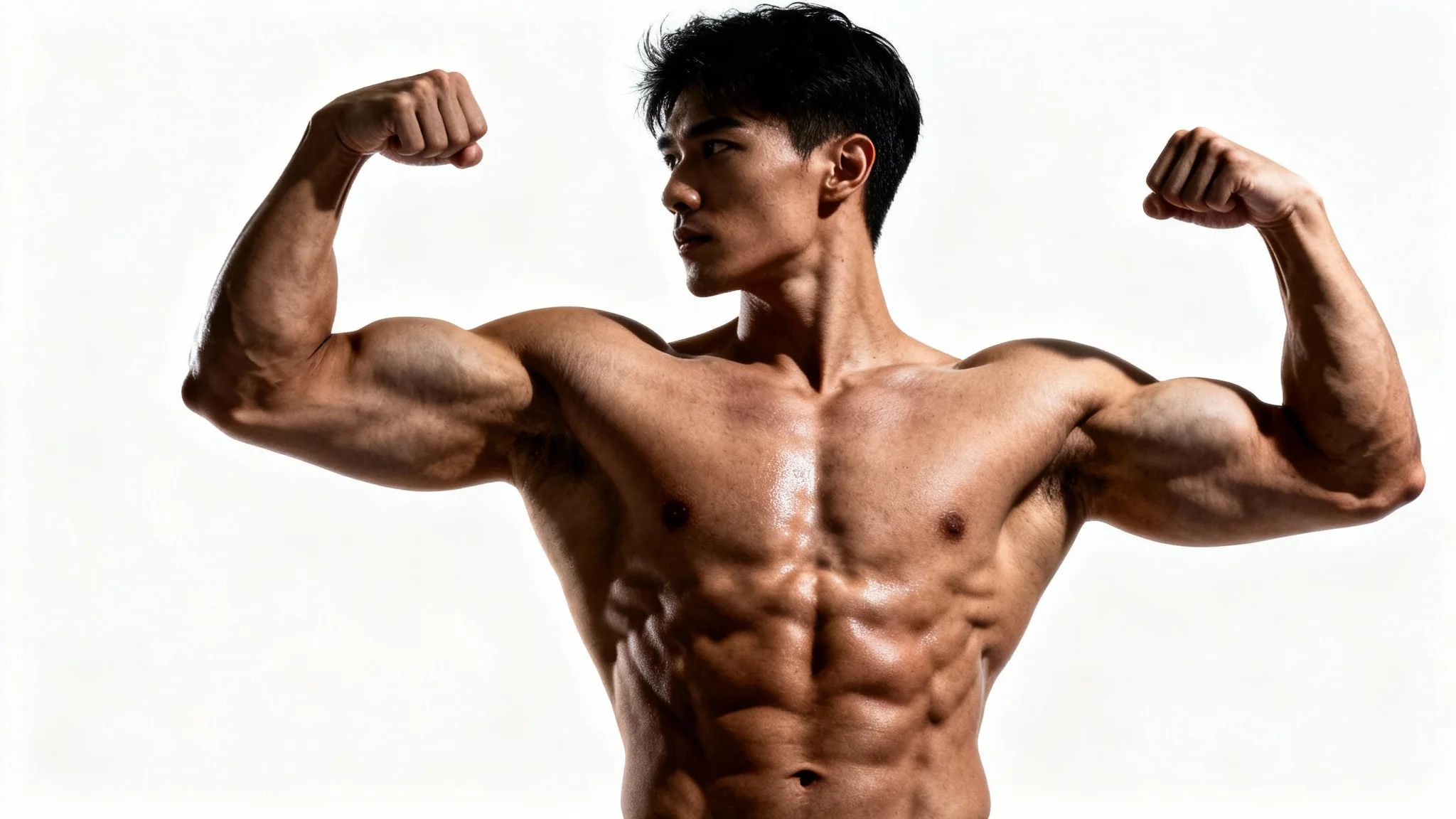 A photorealistic image of a man with an extremely defined and muscular physique, flexing against a plain white background, demonstrating the result of a muscle editing effect.