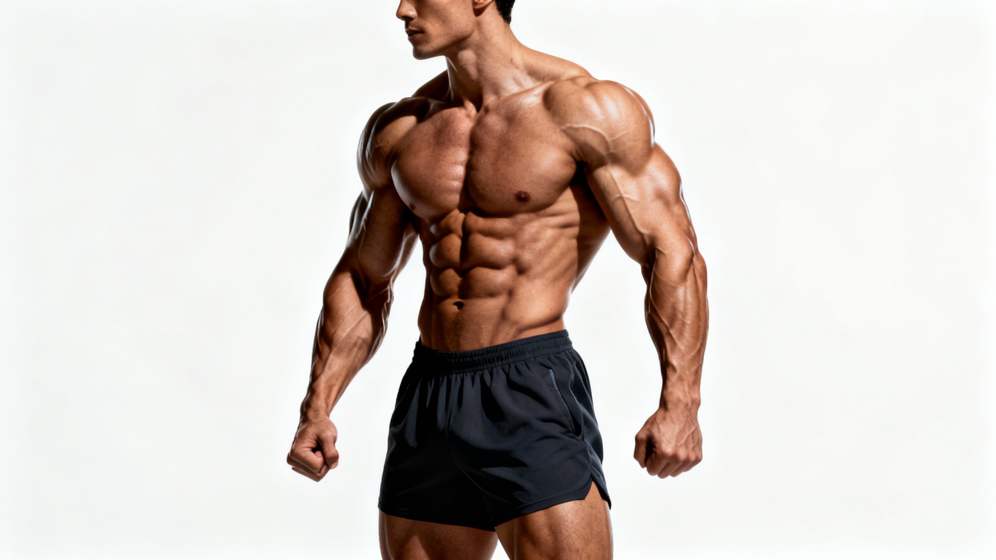 A photorealistic mockup of a man with an extremely muscular and defined physique, demonstrating the result of a muscle editor tool, set against a plain white background.