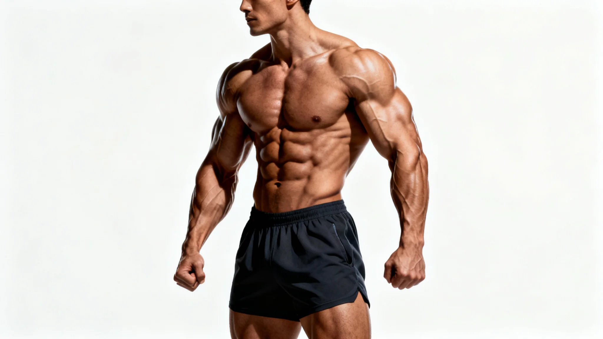 A photorealistic mockup of a man with an extremely muscular and defined physique, demonstrating the result of a muscle editor tool, set against a plain white background.