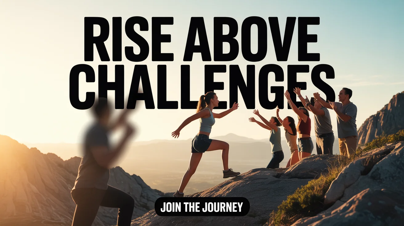 A final, polished motivational video thumbnail showing a woman climbing a mountain at sunrise with the text 'Rise Above Challenges' and 'Join the Journey' overlaid in a professional design.